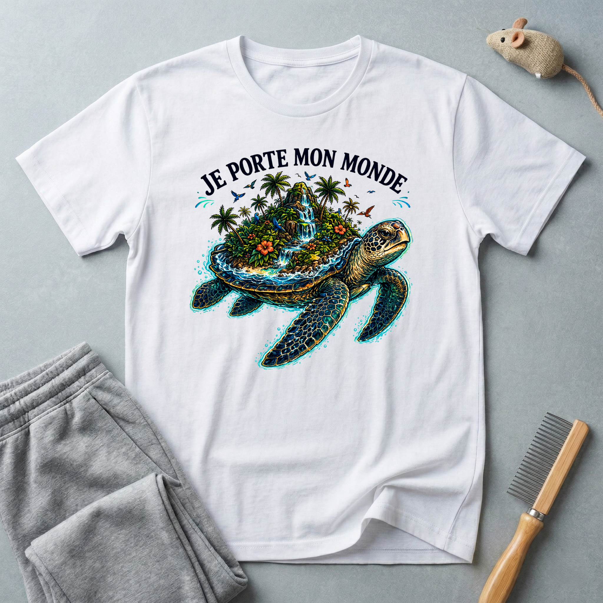 T-shirt  illustration graphique de tortue de mer — «Je porte mon monde»