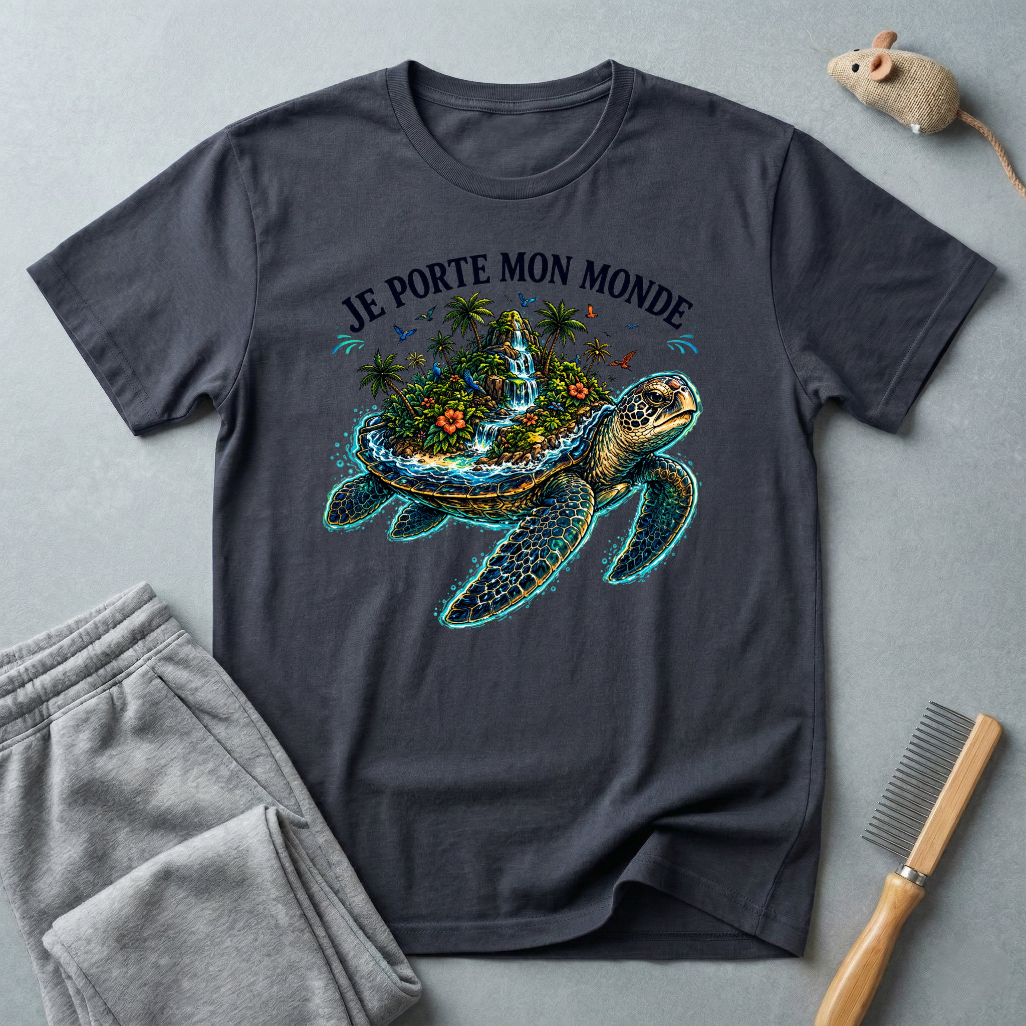 T-shirt  illustration graphique de tortue de mer — «Je porte mon monde»