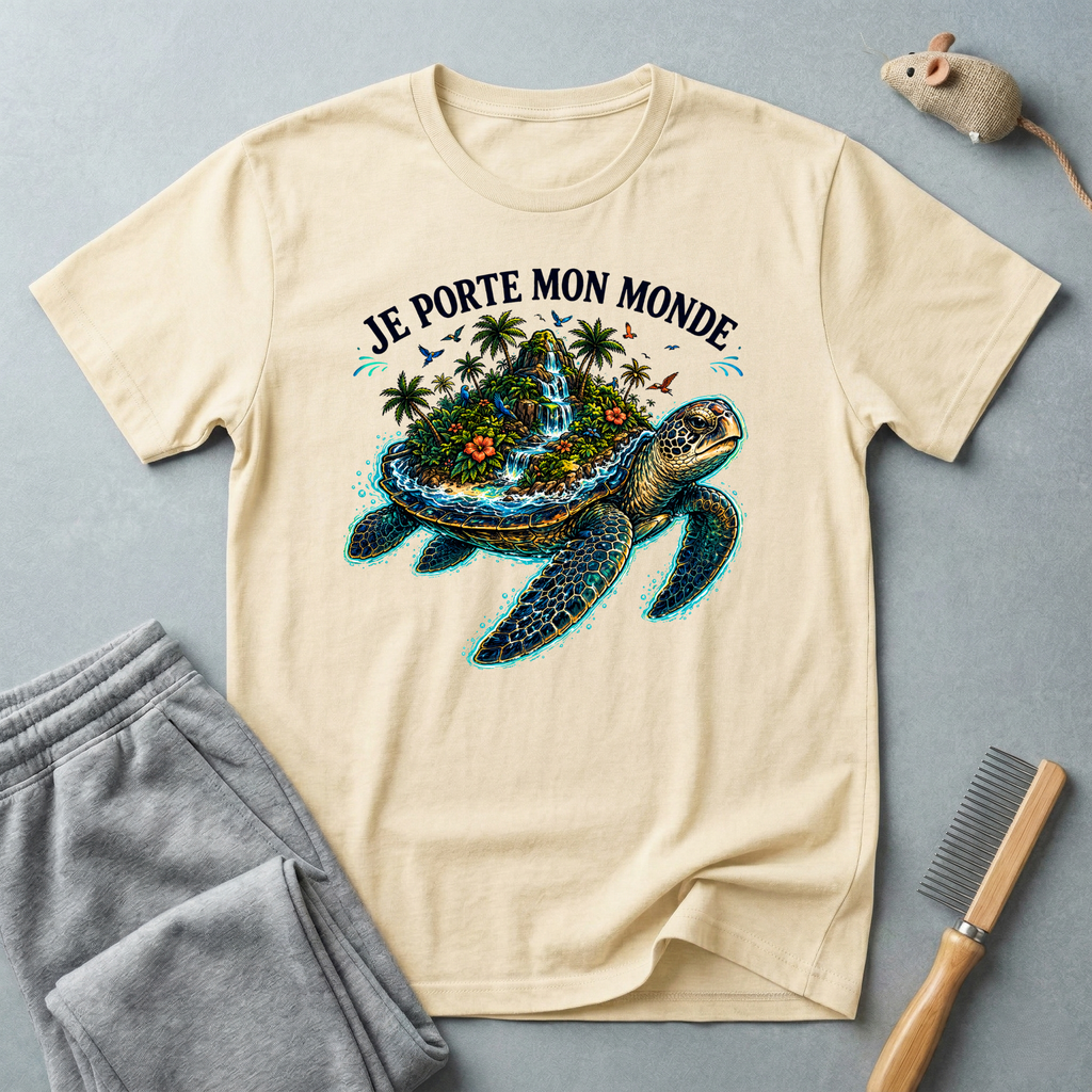 T-shirt  illustration graphique de tortue de mer — «Je porte mon monde»
