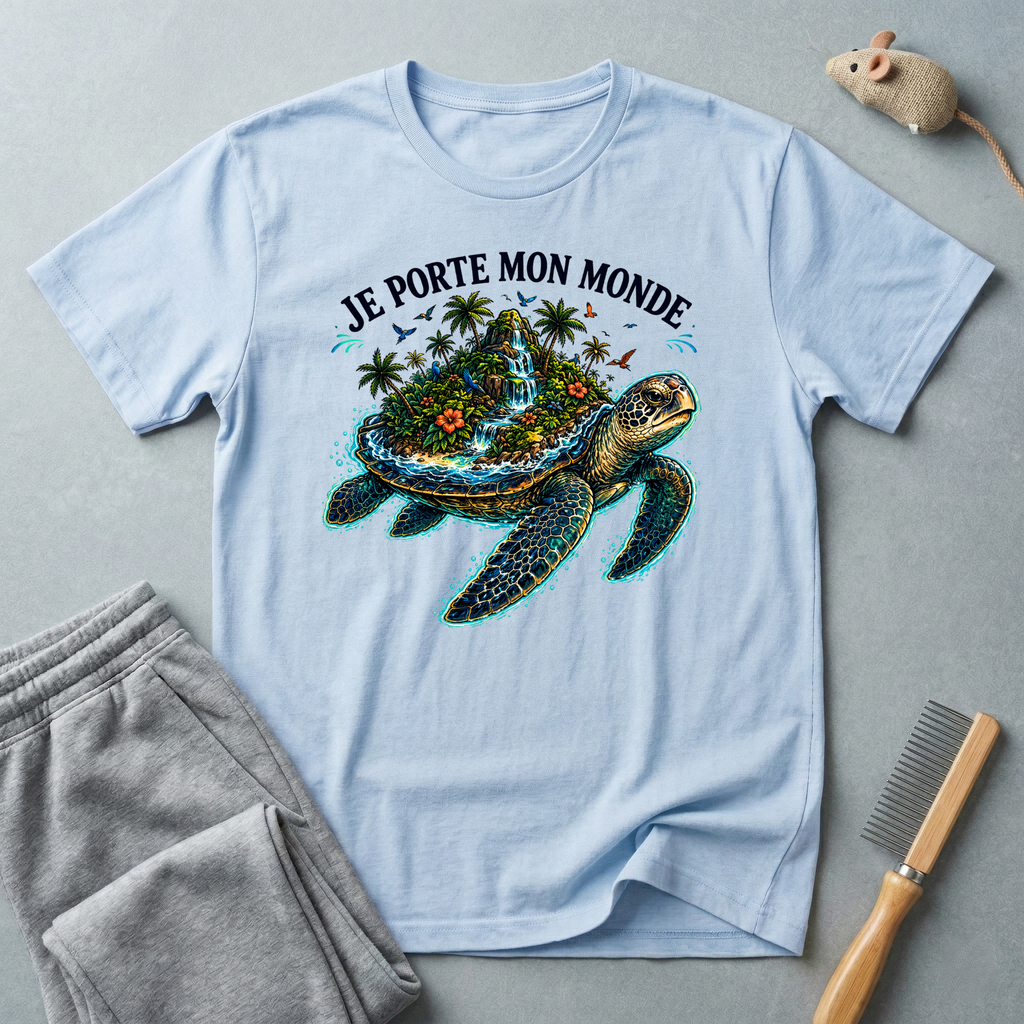 T-shirt  illustration graphique de tortue de mer — «Je porte mon monde»