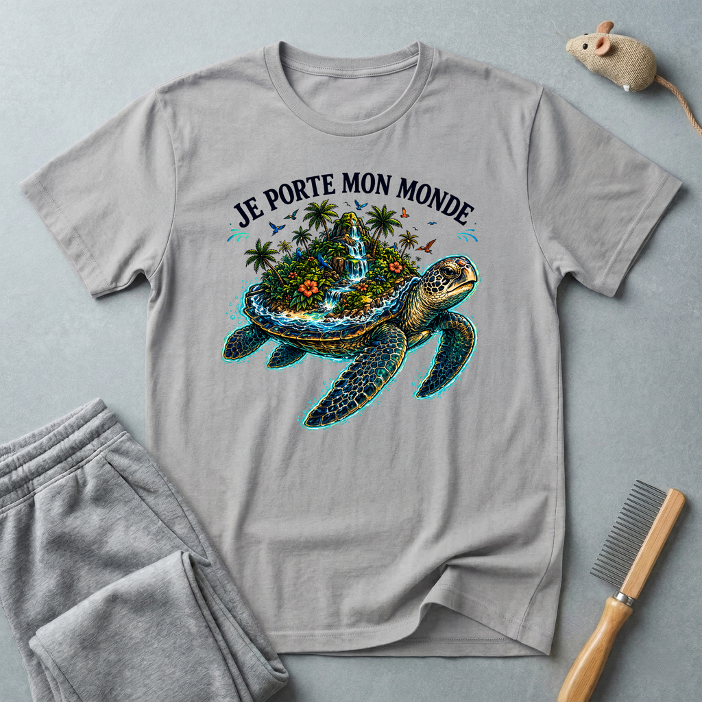 T-shirt  illustration graphique de tortue de mer — «Je porte mon monde»