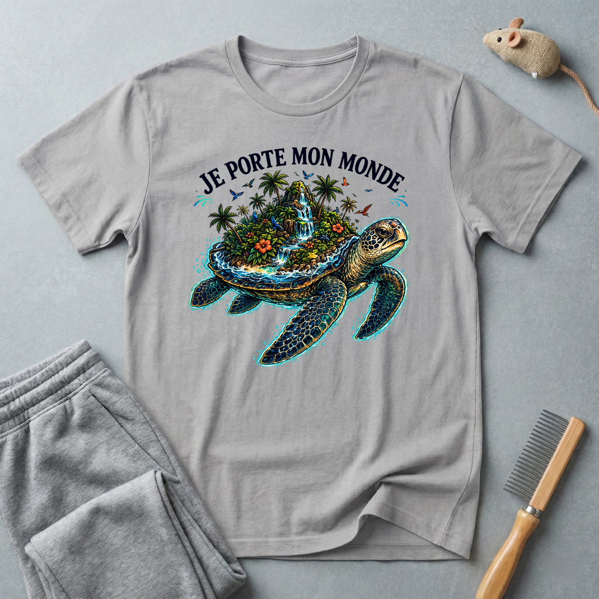 T-shirt  illustration graphique de tortue de mer — «Je porte mon monde»
