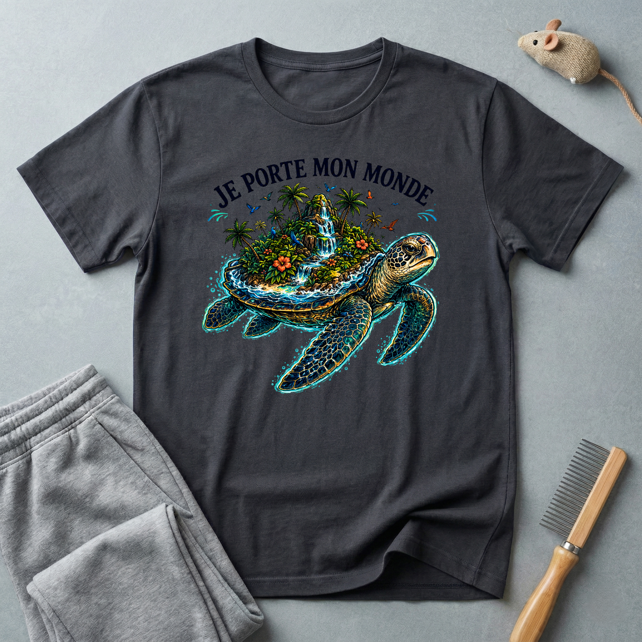 T-shirt  illustration graphique de tortue de mer — «Je porte mon monde»