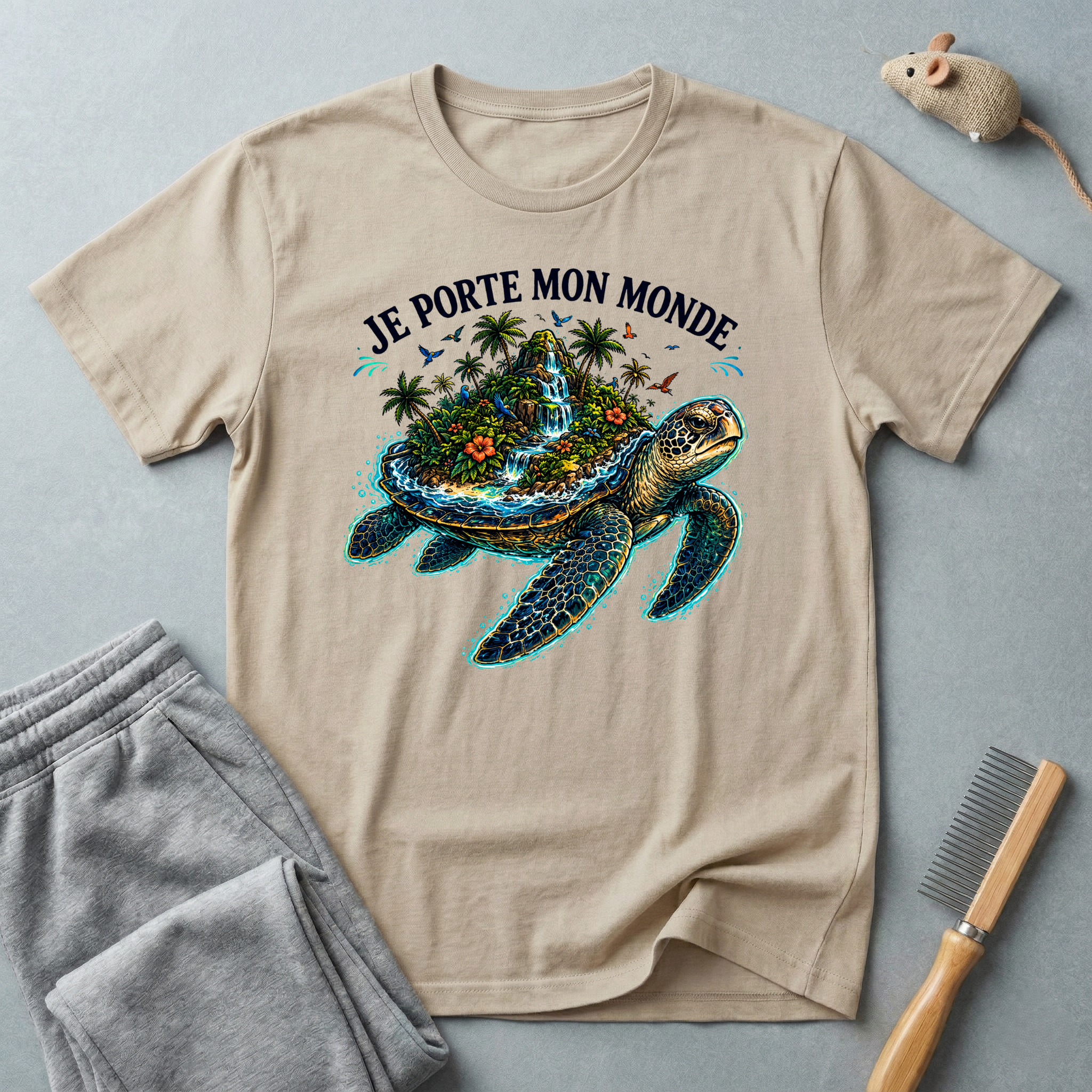 T-shirt  illustration graphique de tortue de mer — «Je porte mon monde»