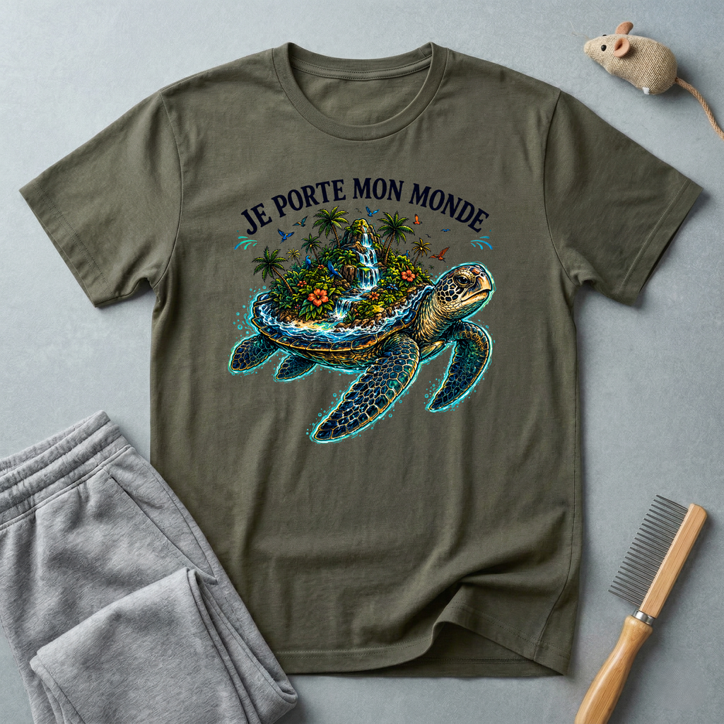 T-shirt  illustration graphique de tortue de mer — «Je porte mon monde»