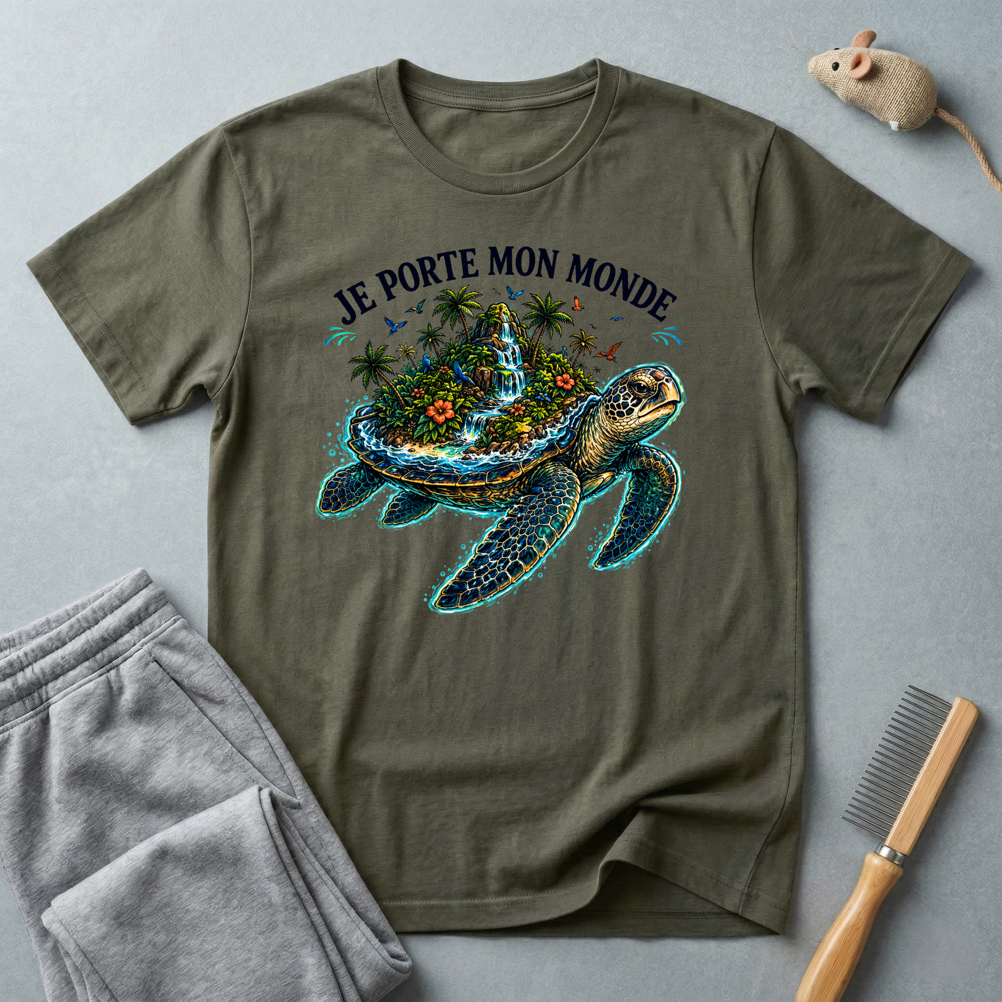 T-shirt  illustration graphique de tortue de mer — «Je porte mon monde»
