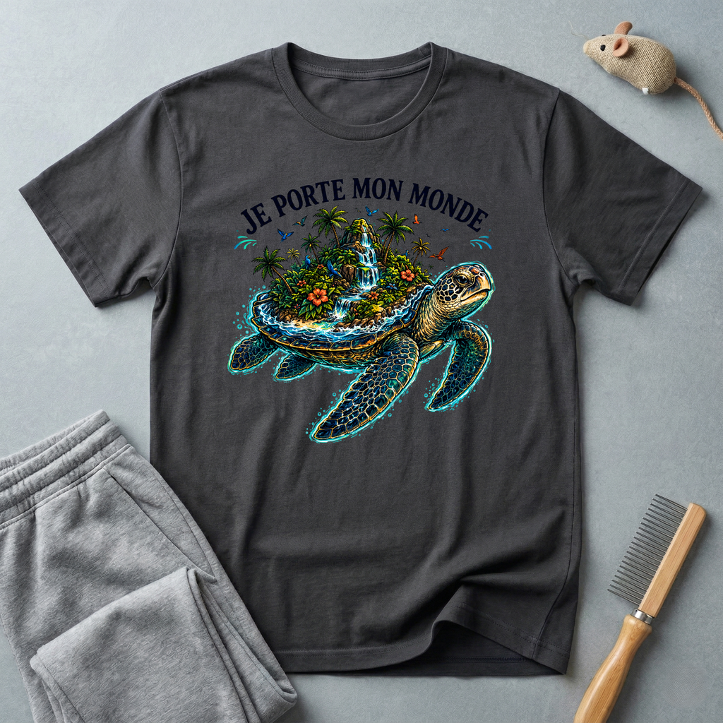 T-shirt  illustration graphique de tortue de mer — «Je porte mon monde»