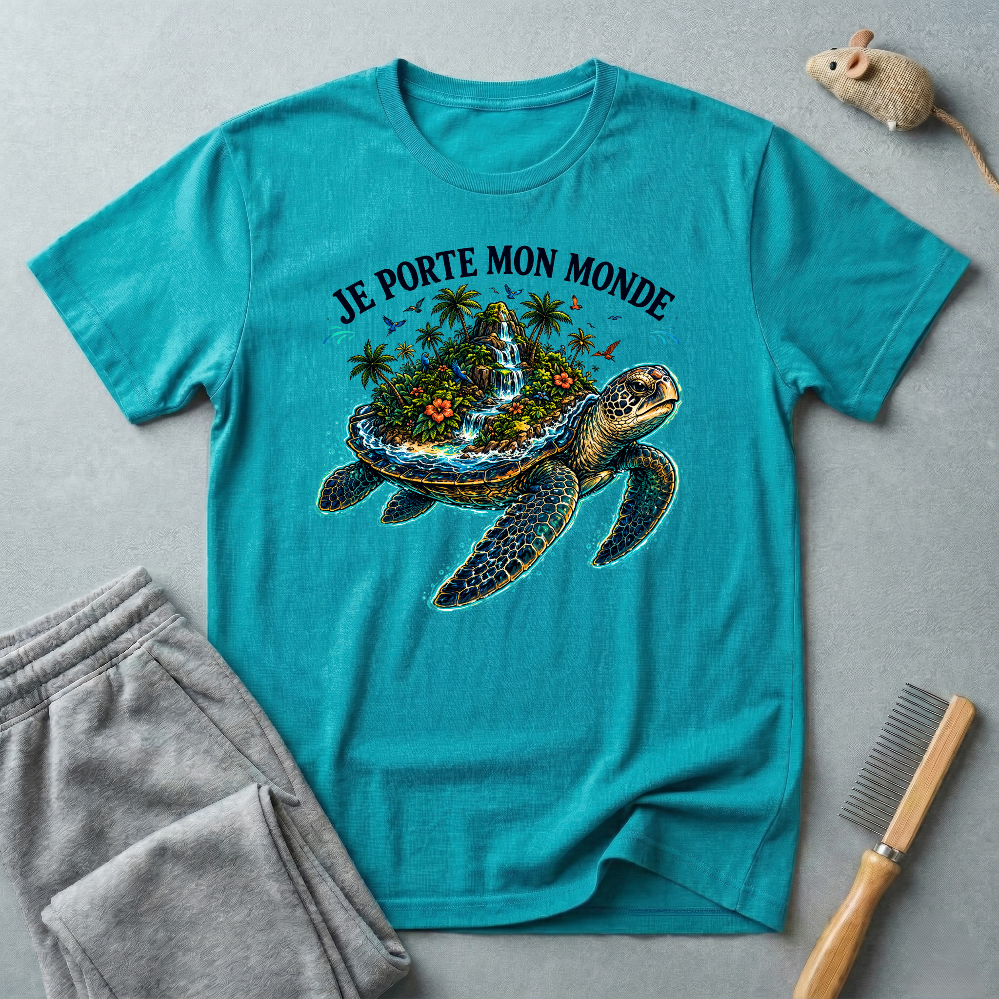 T-shirt  illustration graphique de tortue de mer — «Je porte mon monde»
