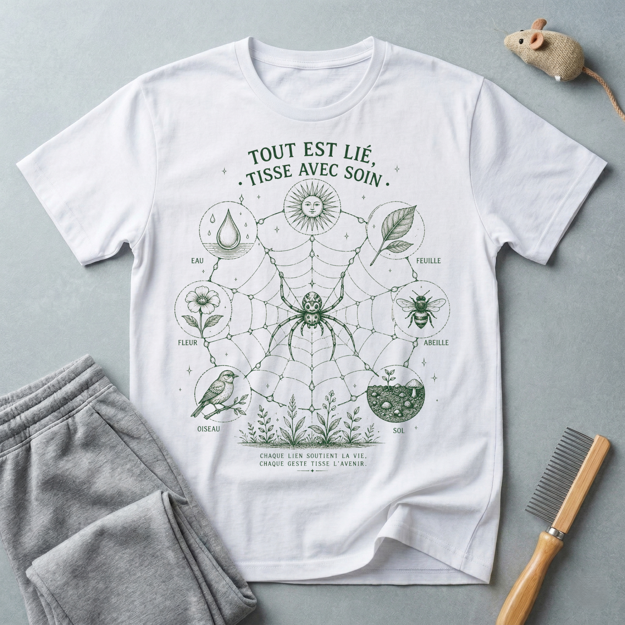 T-shirt botanique toile d’araignée — «Tout est lié, tisse avec soin»