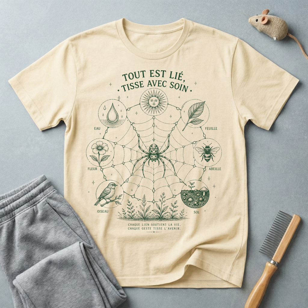 T-shirt botanique toile d’araignée — «Tout est lié, tisse avec soin»