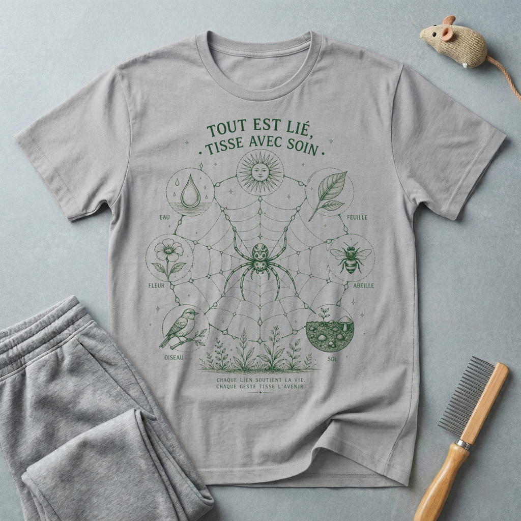 T-shirt botanique toile d’araignée — «Tout est lié, tisse avec soin»