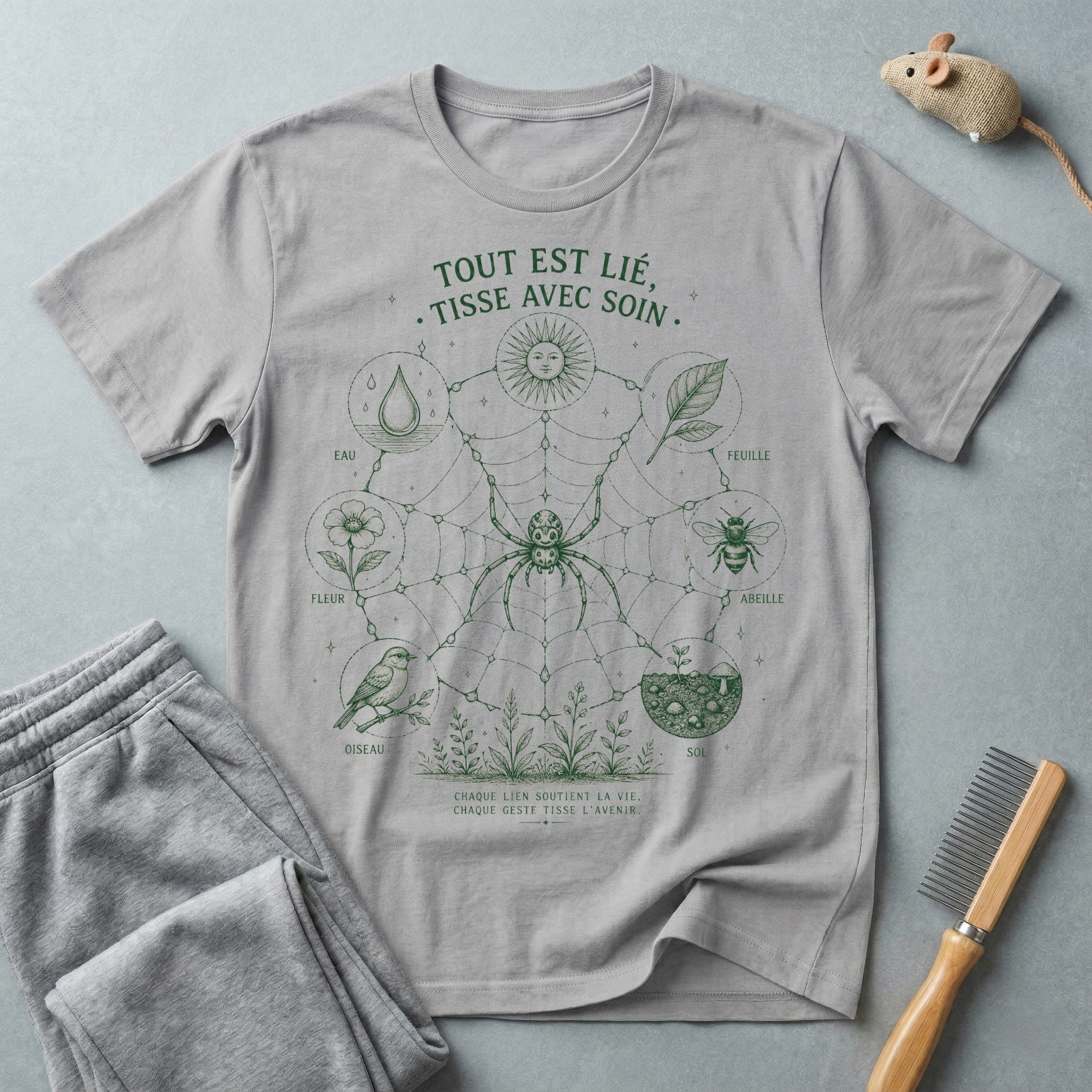 T-shirt botanique toile d’araignée — «Tout est lié, tisse avec soin»