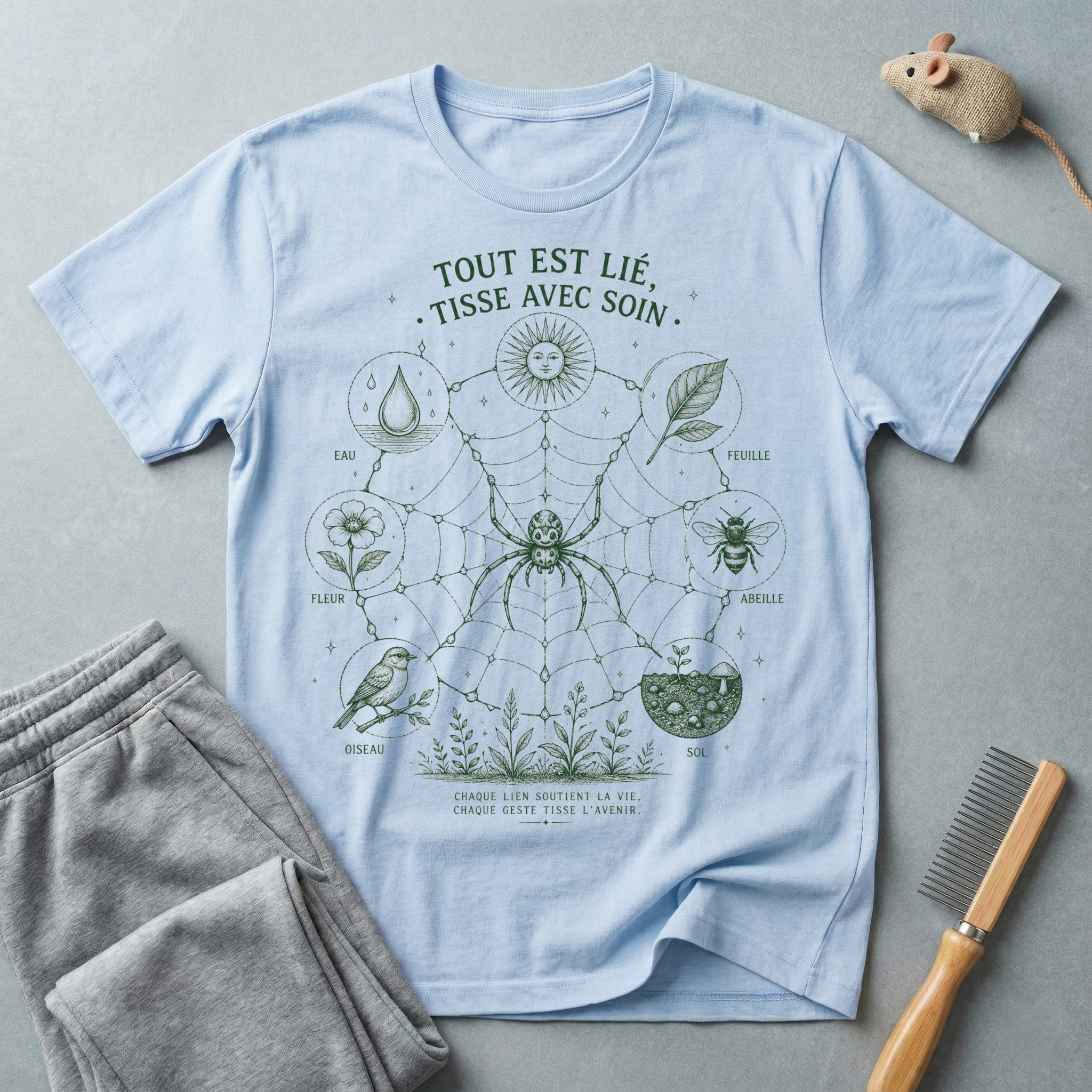 T-shirt botanique toile d’araignée — «Tout est lié, tisse avec soin»