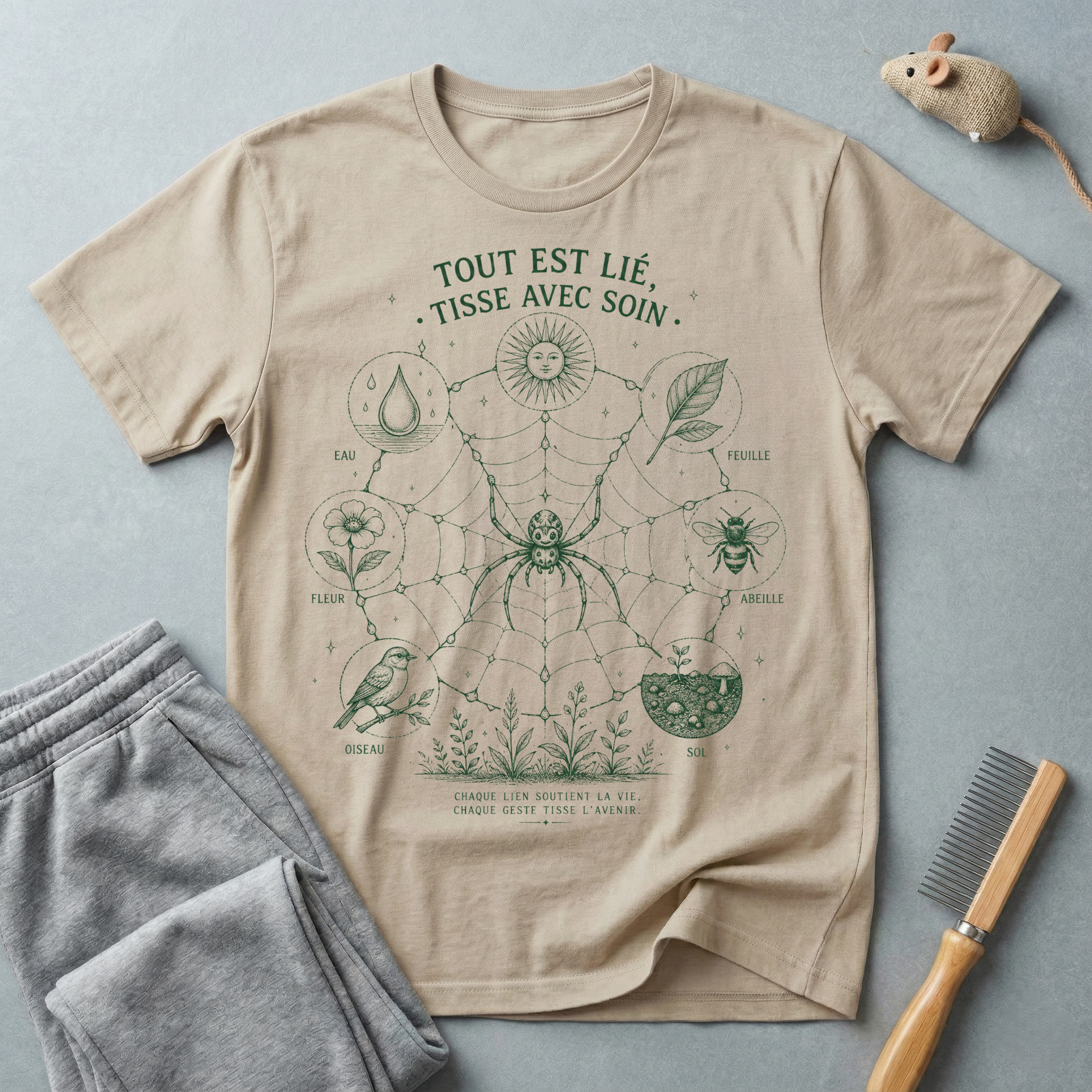 T-shirt botanique toile d’araignée — «Tout est lié, tisse avec soin»
