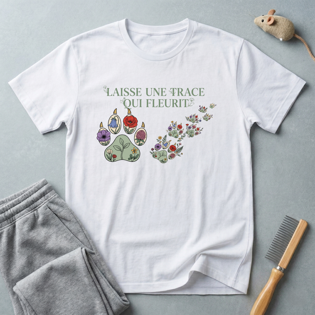 T-shirt empreinte de patte florale — «Laisse une trace qui fleurit»