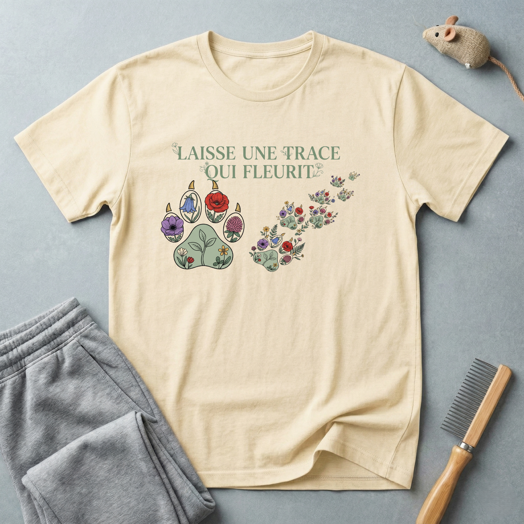 T-shirt empreinte de patte florale — «Laisse une trace qui fleurit»
