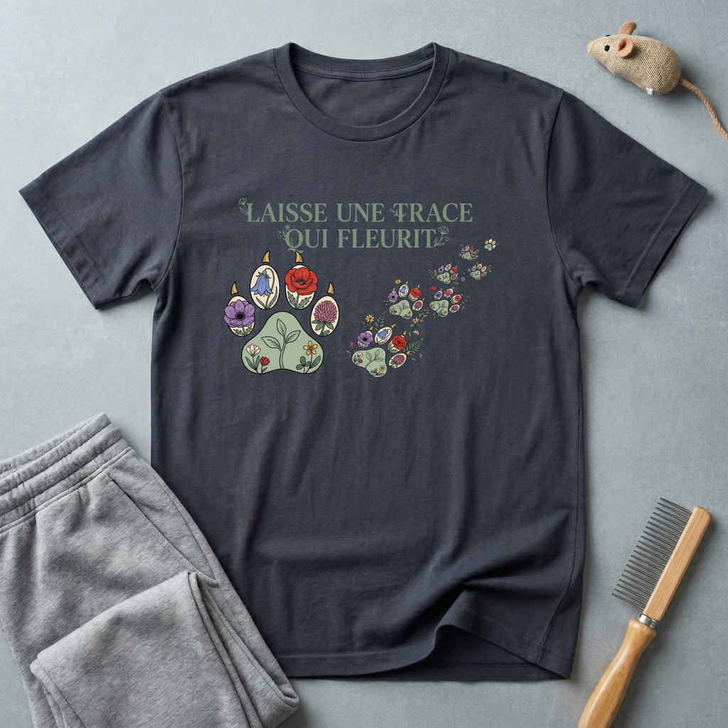 T-shirt empreinte de patte florale — «Laisse une trace qui fleurit»