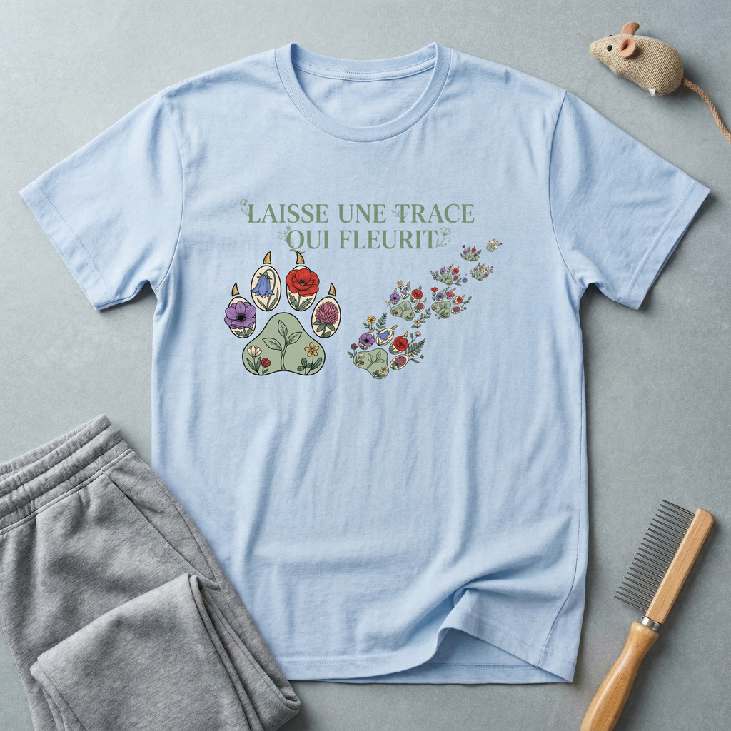 T-shirt empreinte de patte florale — «Laisse une trace qui fleurit»