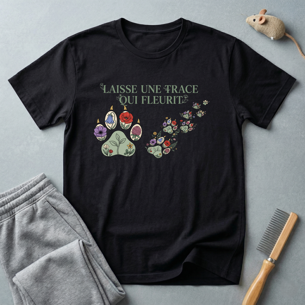 T-shirt empreinte de patte florale — «Laisse une trace qui fleurit»