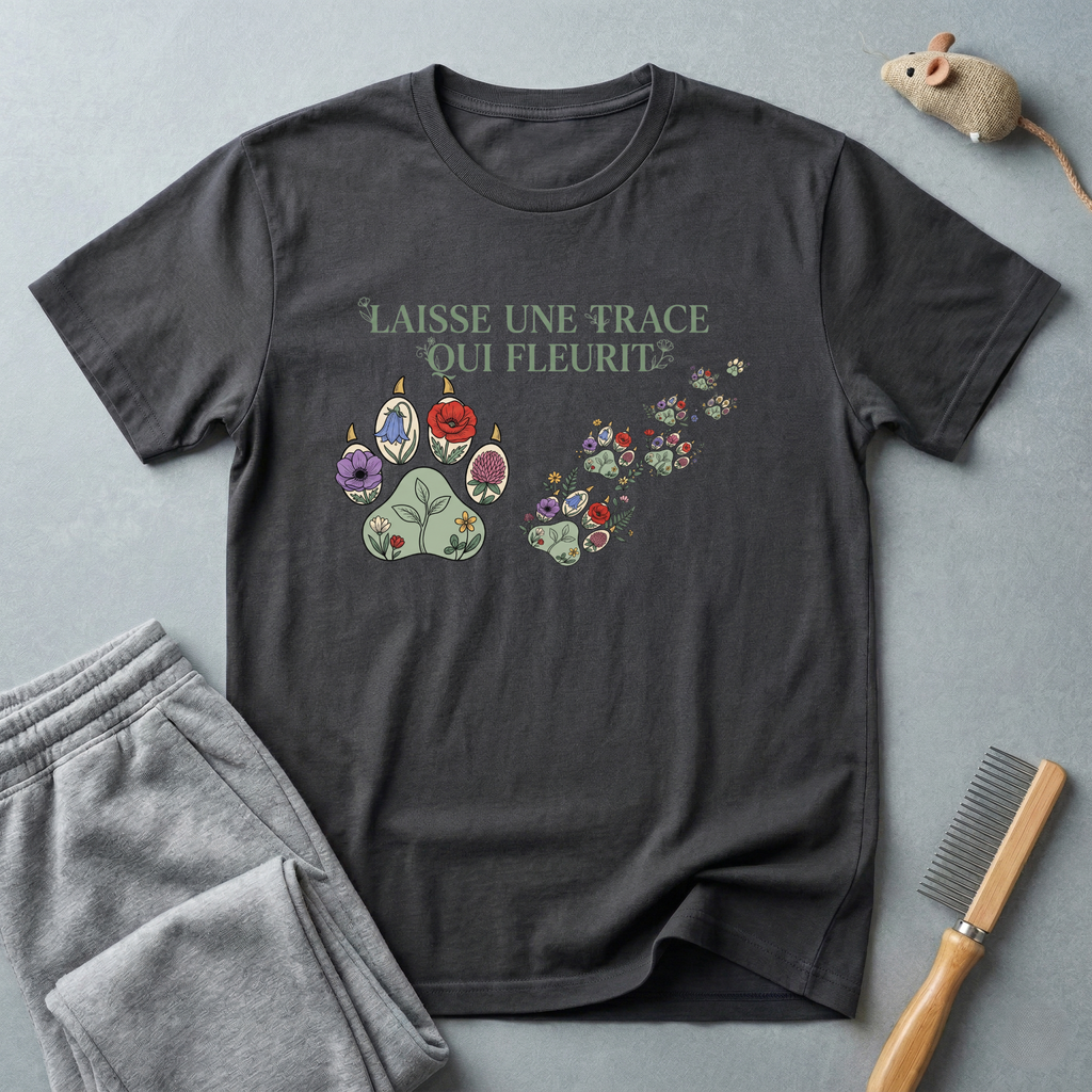 T-shirt empreinte de patte florale — «Laisse une trace qui fleurit»
