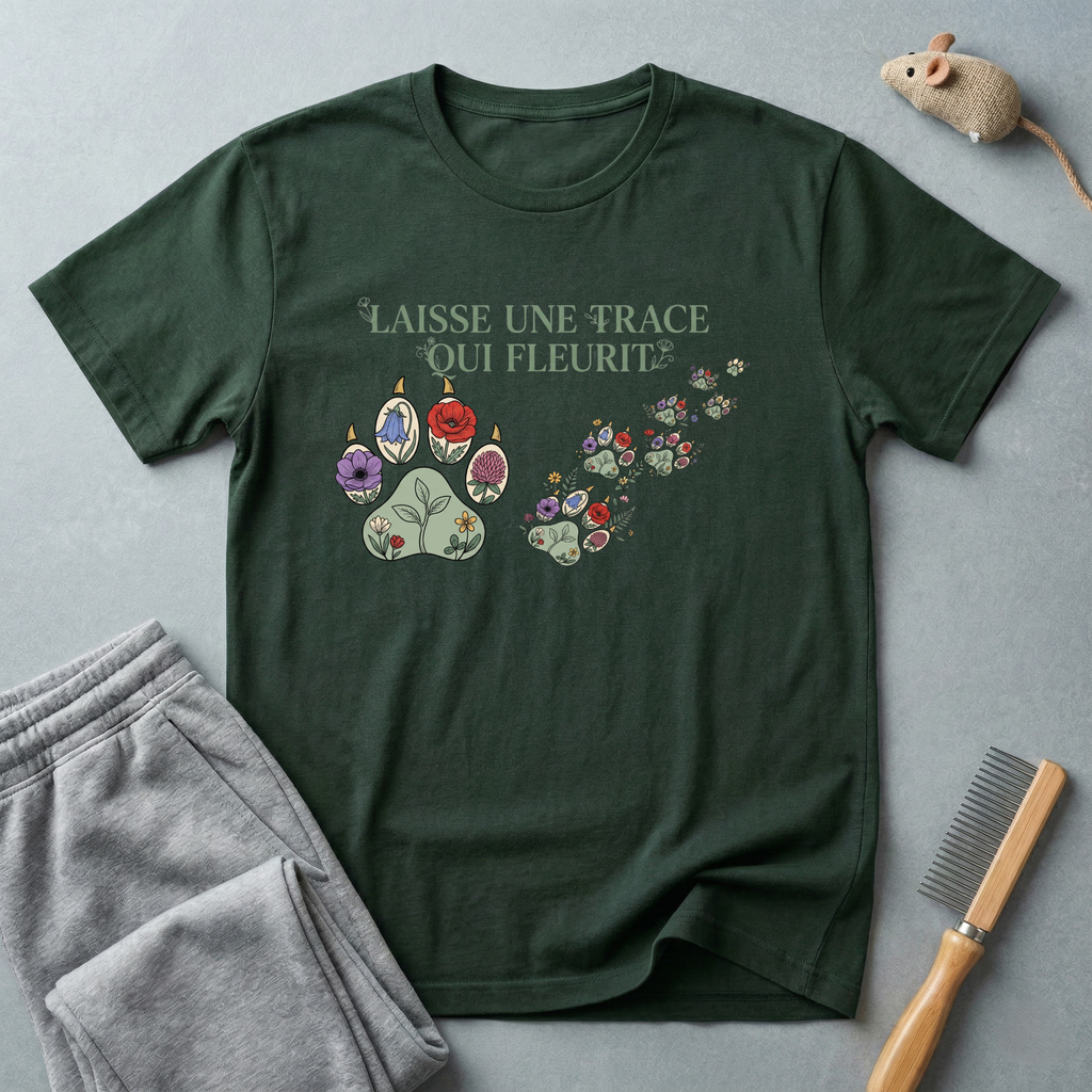 T-shirt empreinte de patte florale — «Laisse une trace qui fleurit»