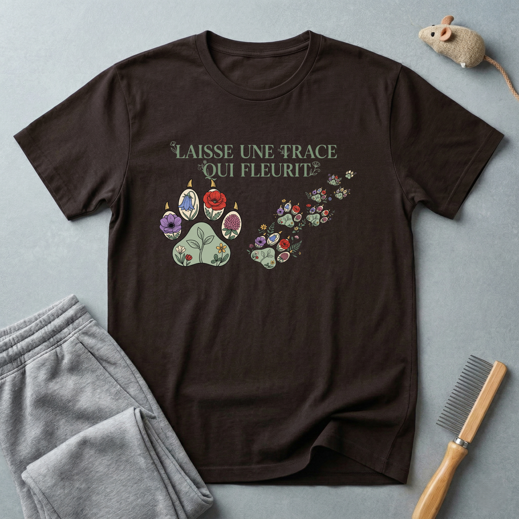 T-shirt empreinte de patte florale — «Laisse une trace qui fleurit»