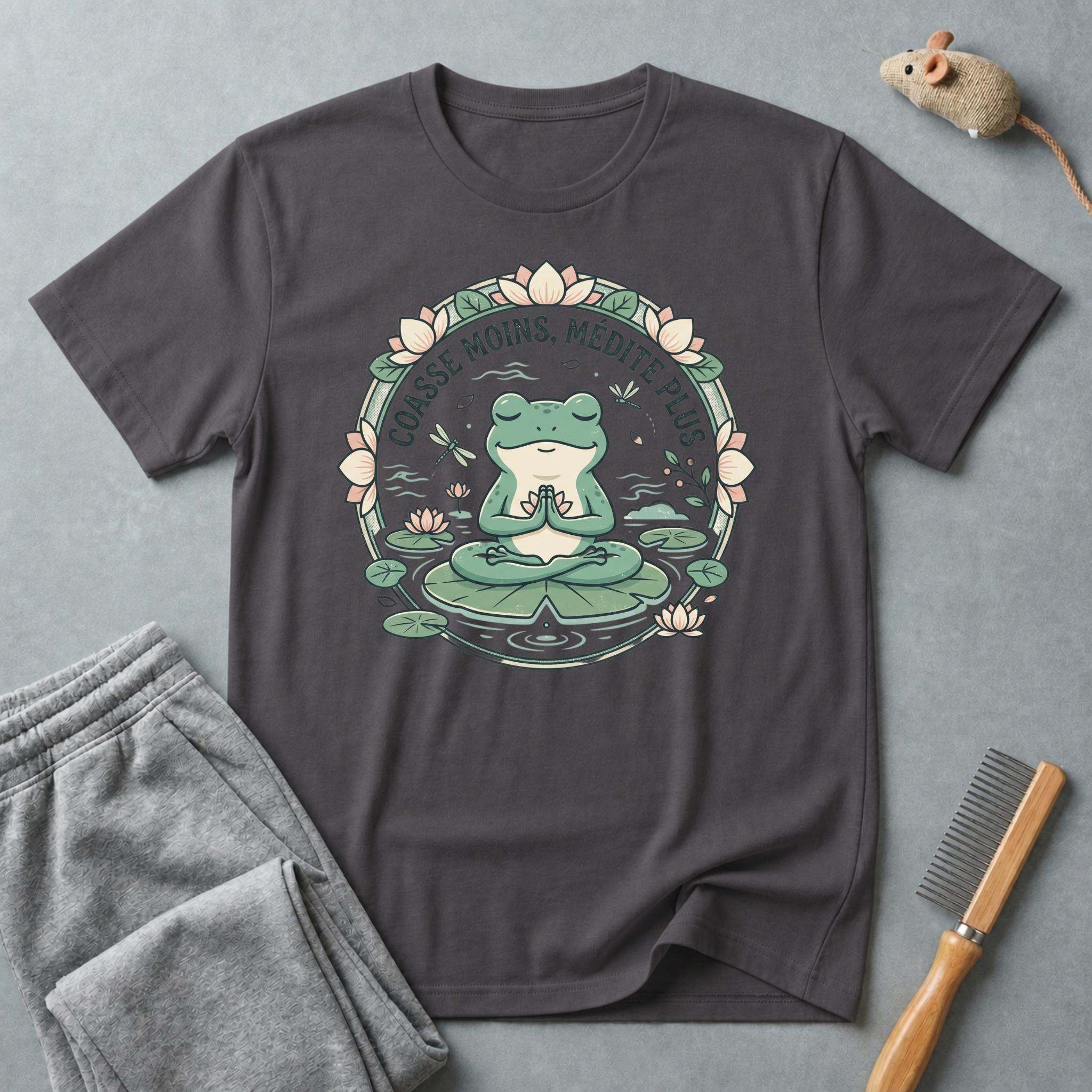 T-shirt grenouille en méditation — «Coasse moins, médite plus»