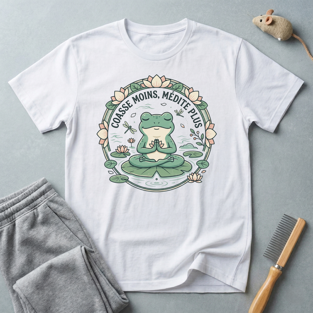 T-shirt grenouille en méditation — «Coasse moins, médite plus»