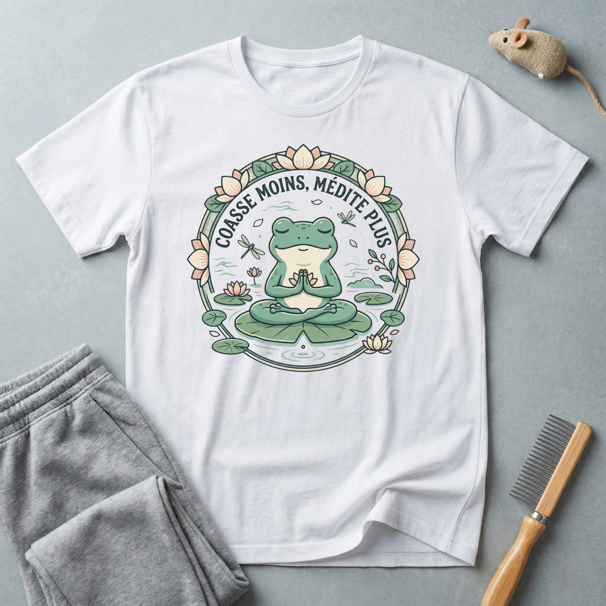 T-shirt grenouille en méditation — «Coasse moins, médite plus»