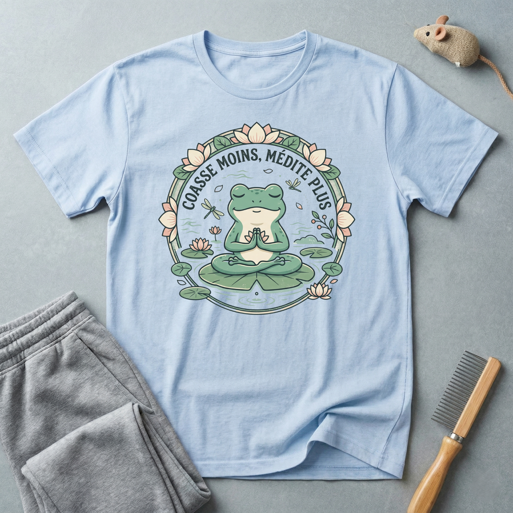 T-shirt grenouille en méditation — «Coasse moins, médite plus»