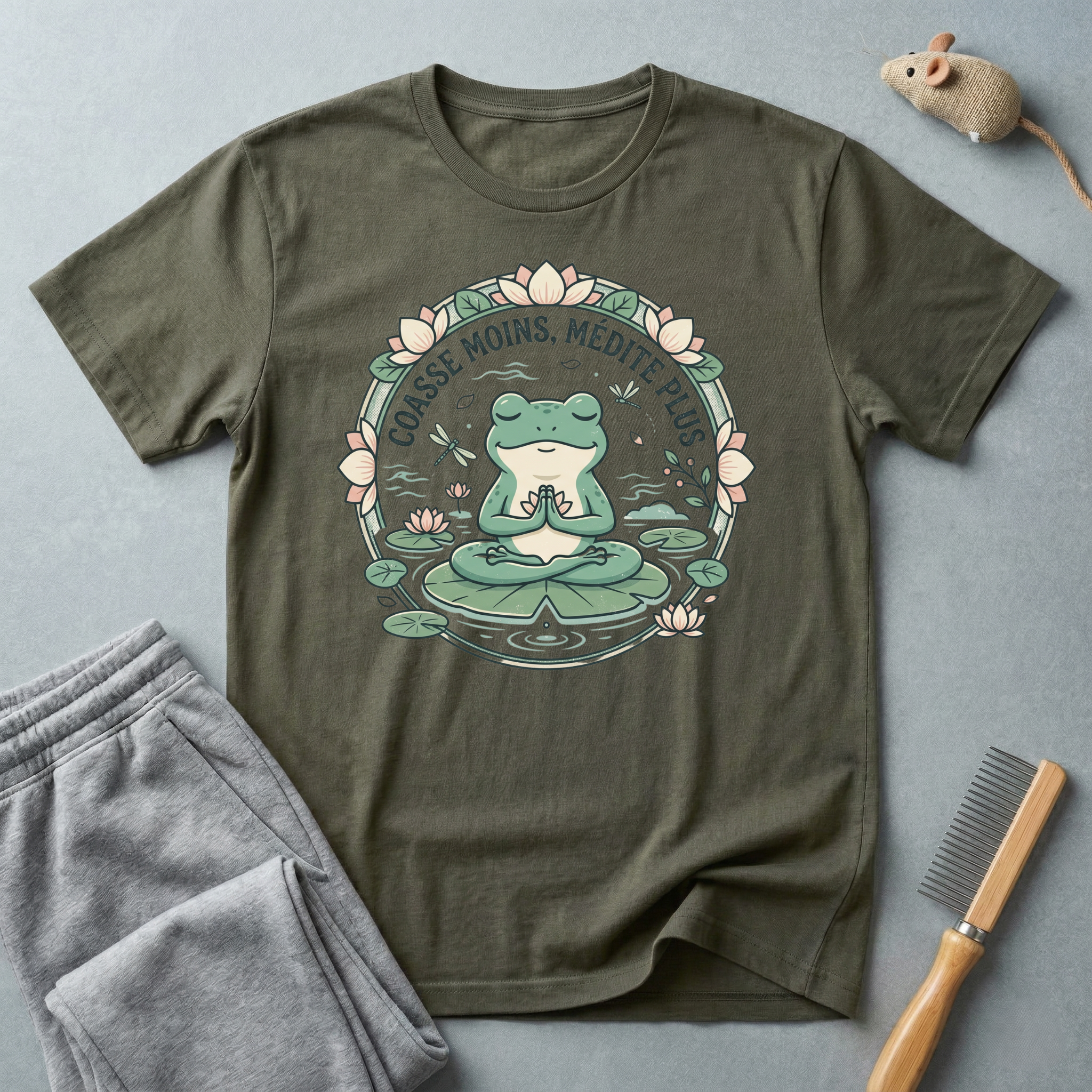 T-shirt grenouille en méditation — «Coasse moins, médite plus»