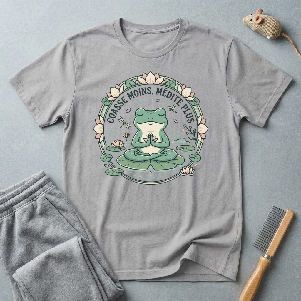 T-shirt grenouille en méditation — «Coasse moins, médite plus»