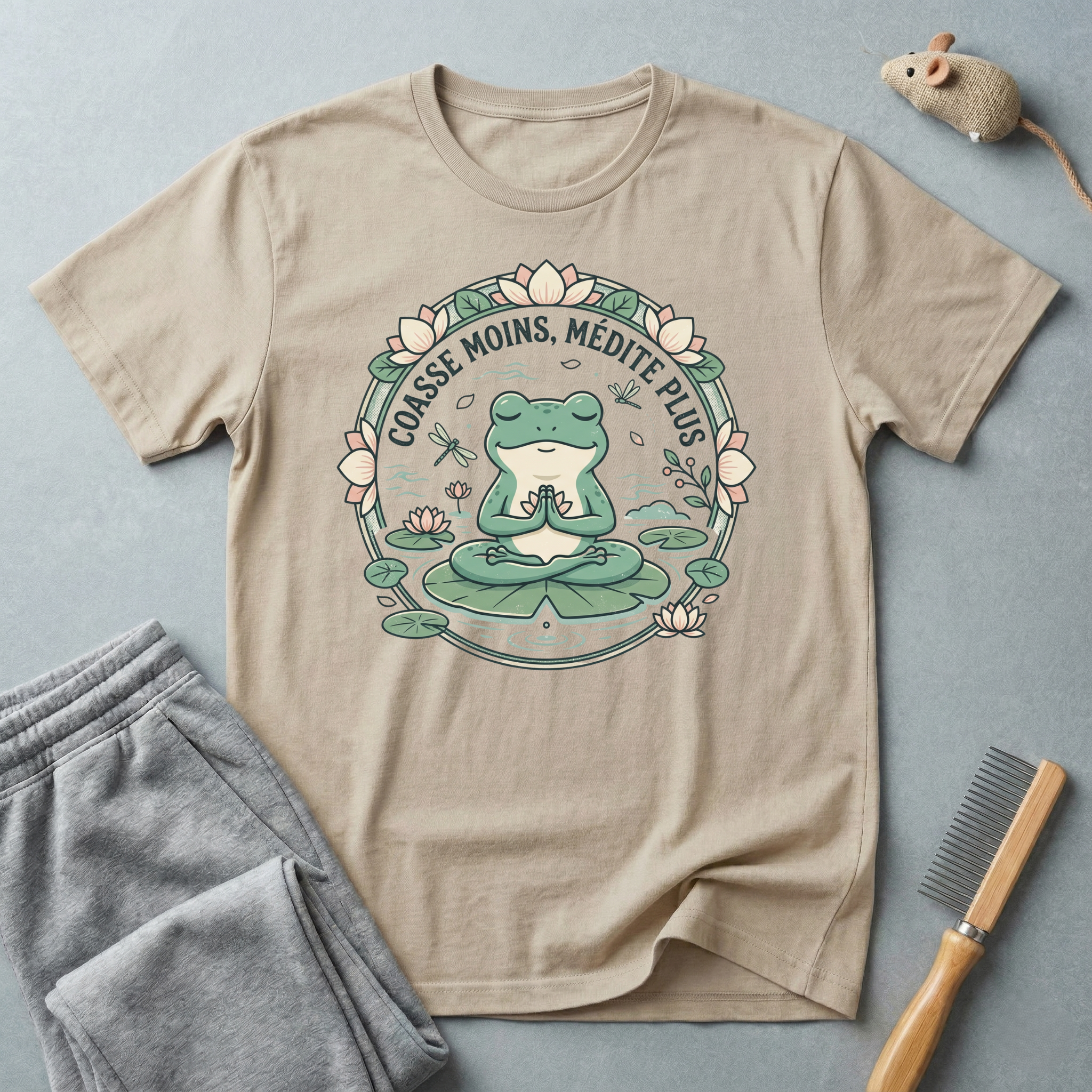 T-shirt grenouille en méditation — «Coasse moins, médite plus»