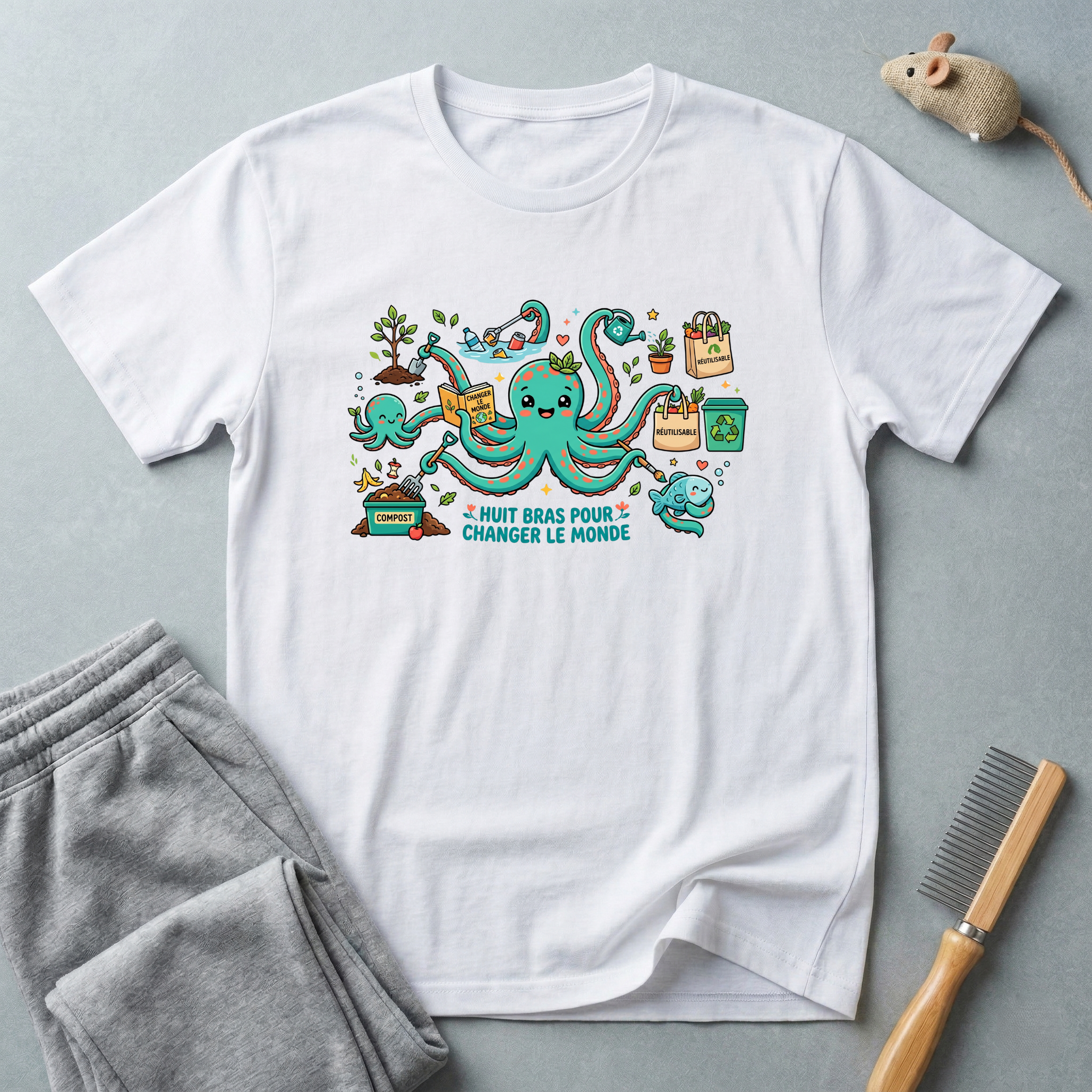 T-shirt graphique poulpe voyageur — «Je veux juste changer le monde»