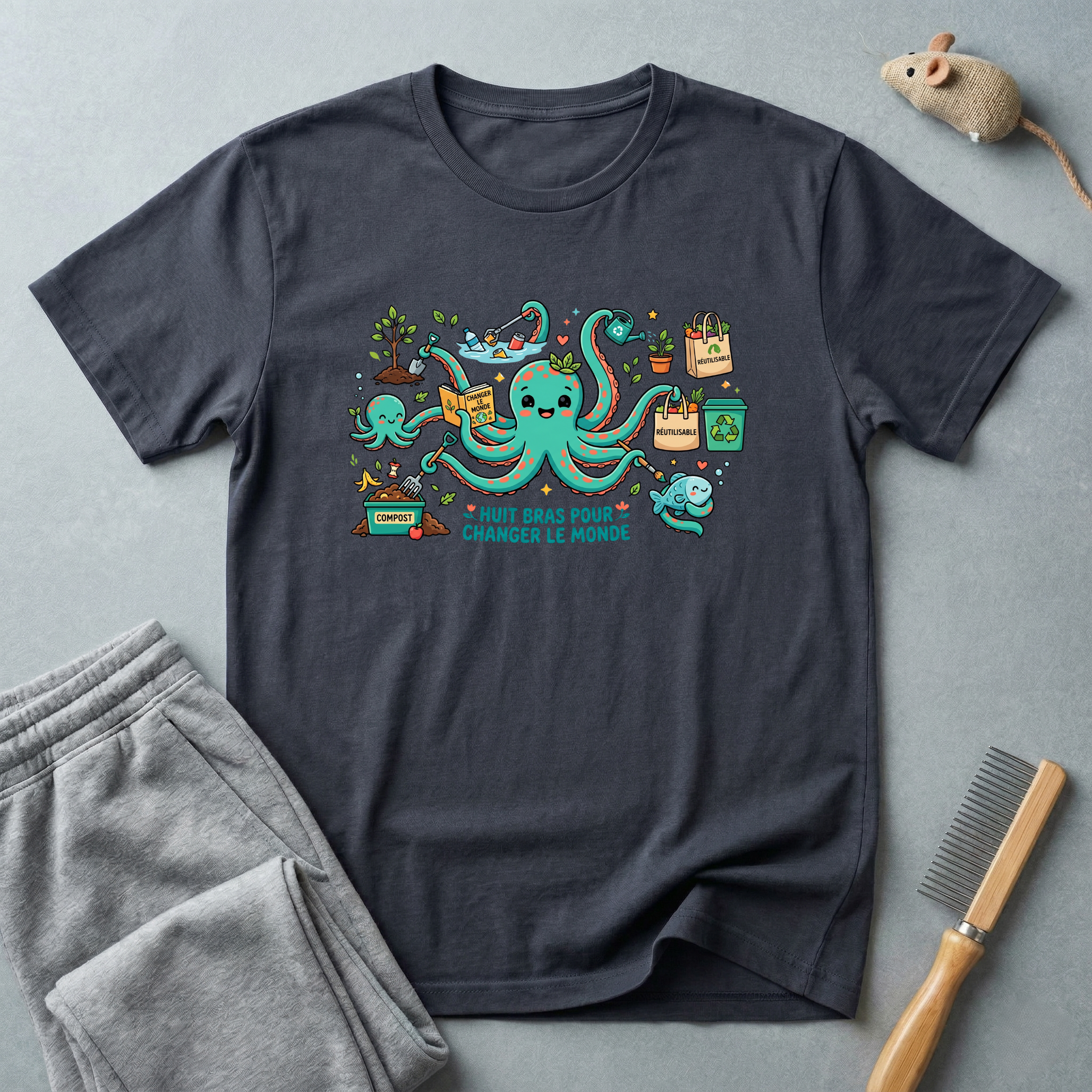 T-shirt graphique poulpe voyageur — «Je veux juste changer le monde»