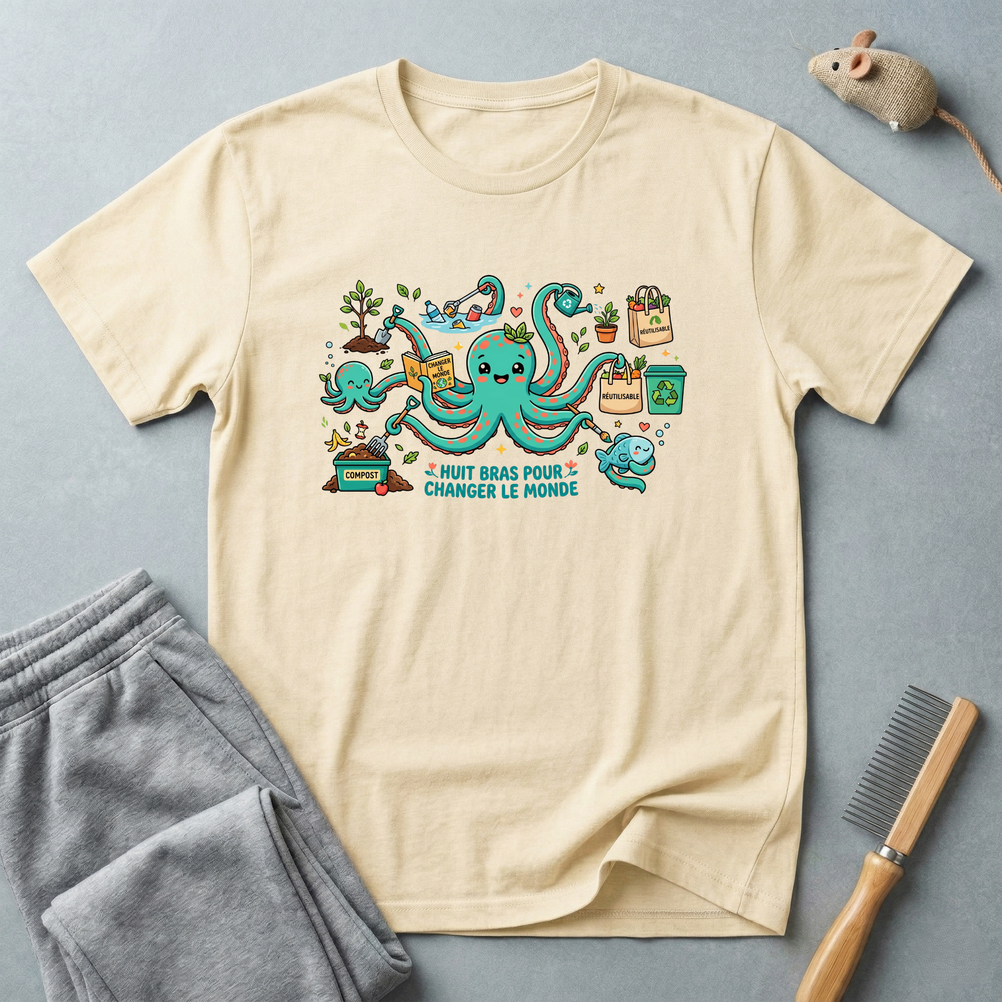 T-shirt graphique poulpe voyageur — «Je veux juste changer le monde»