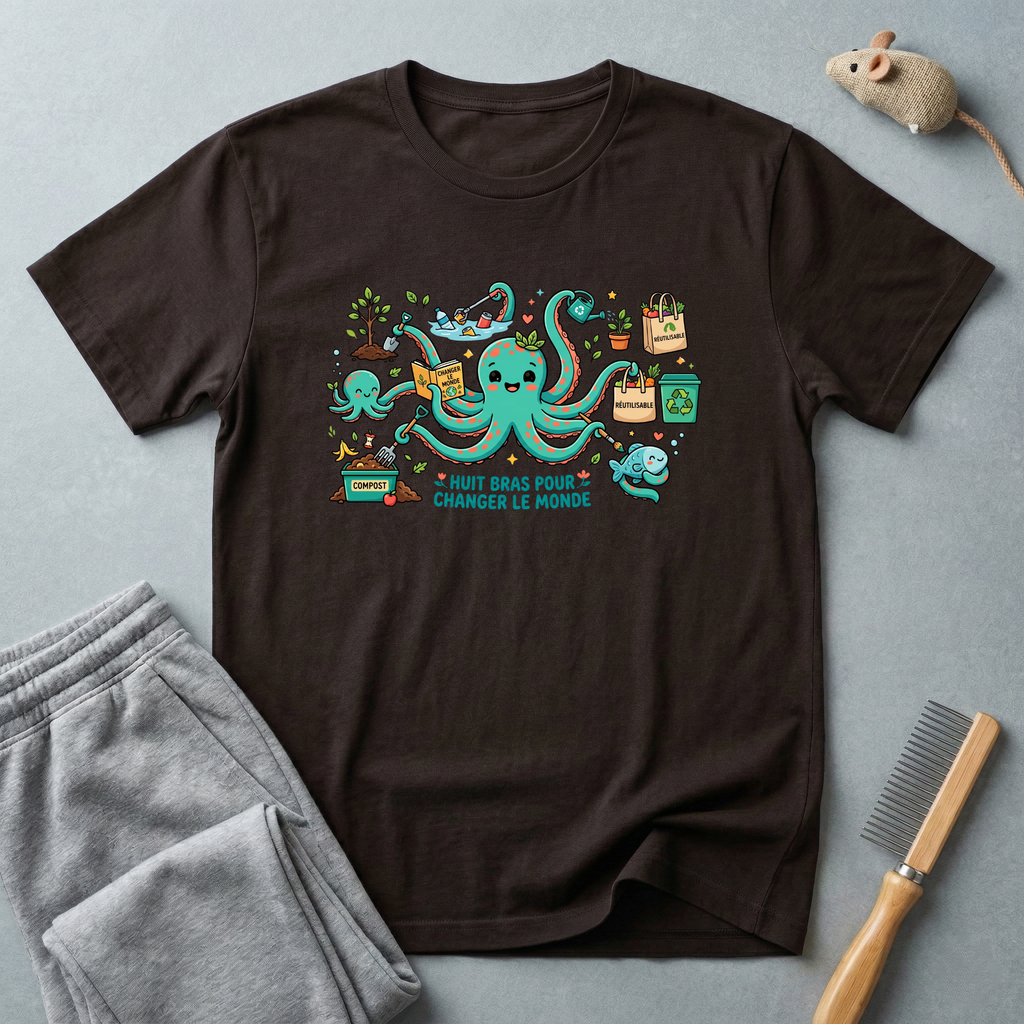 T-shirt graphique poulpe voyageur — «Je veux juste changer le monde»