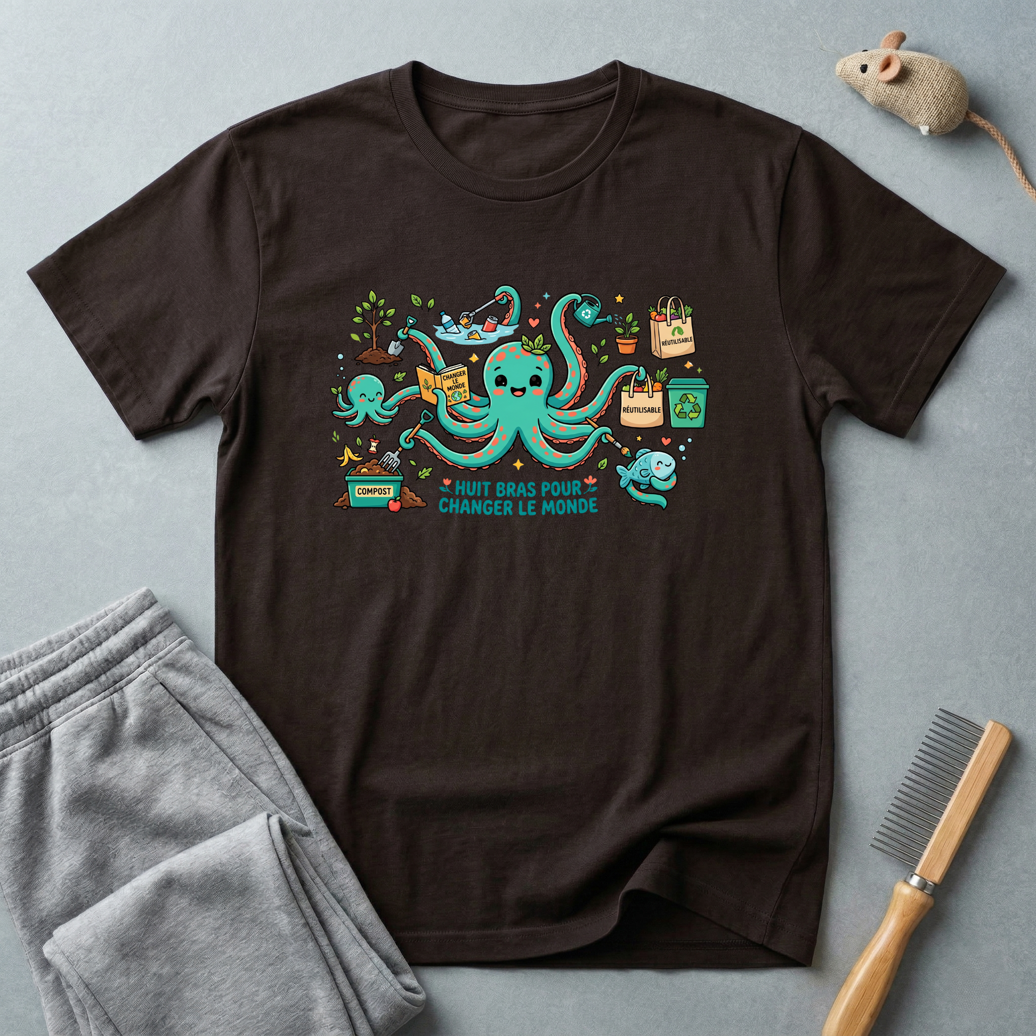 T-shirt graphique poulpe voyageur — «Je veux juste changer le monde»
