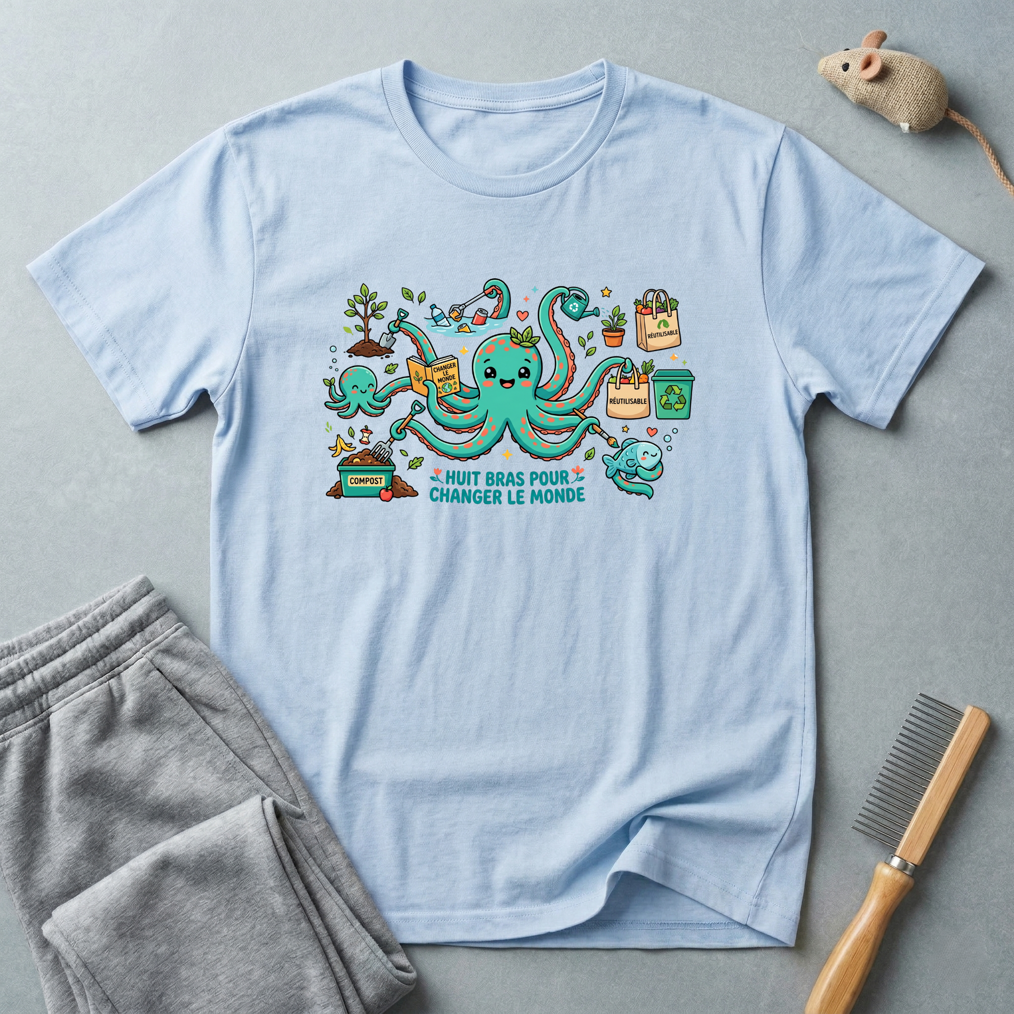 T-shirt graphique poulpe voyageur — «Je veux juste changer le monde»