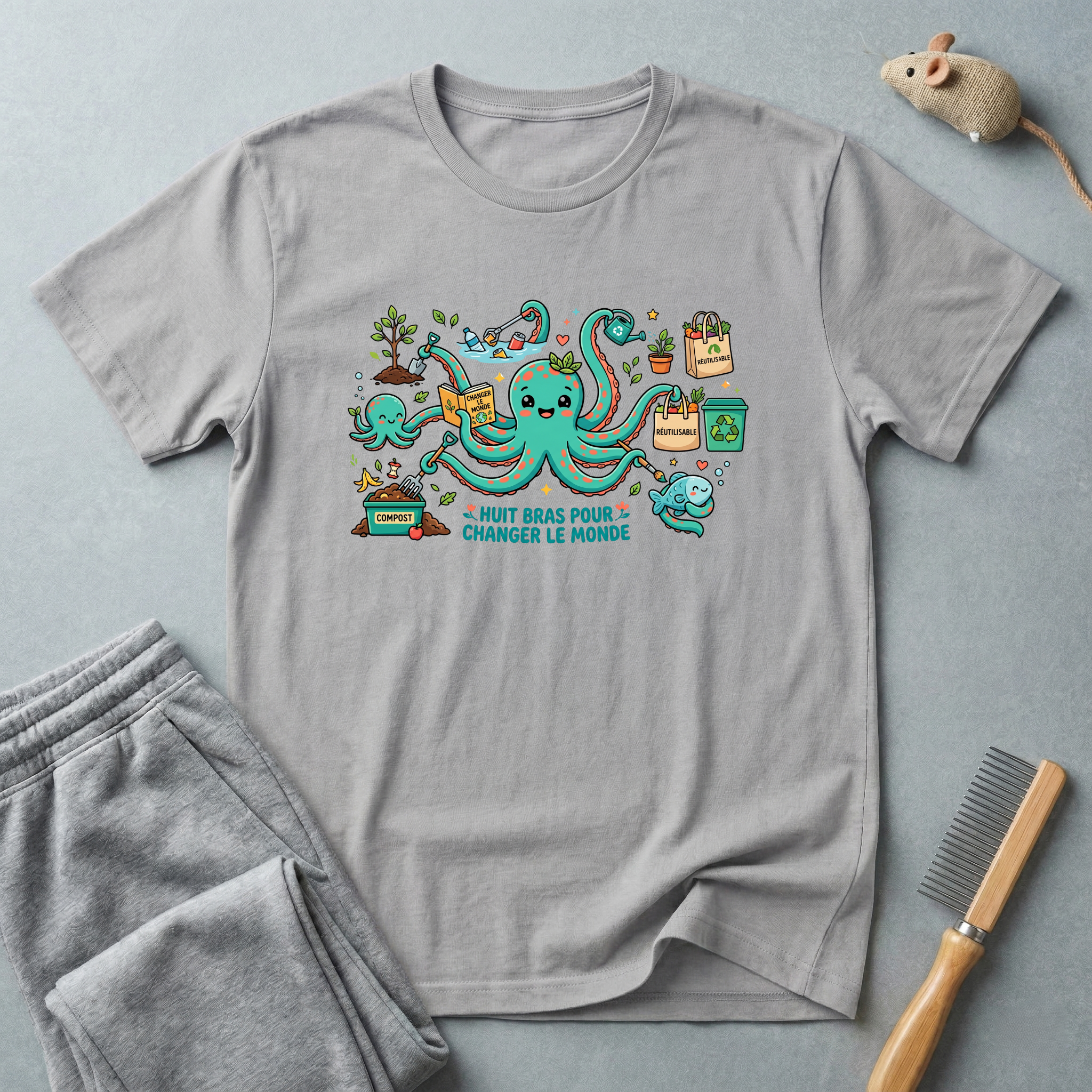 T-shirt graphique poulpe voyageur — «Je veux juste changer le monde»