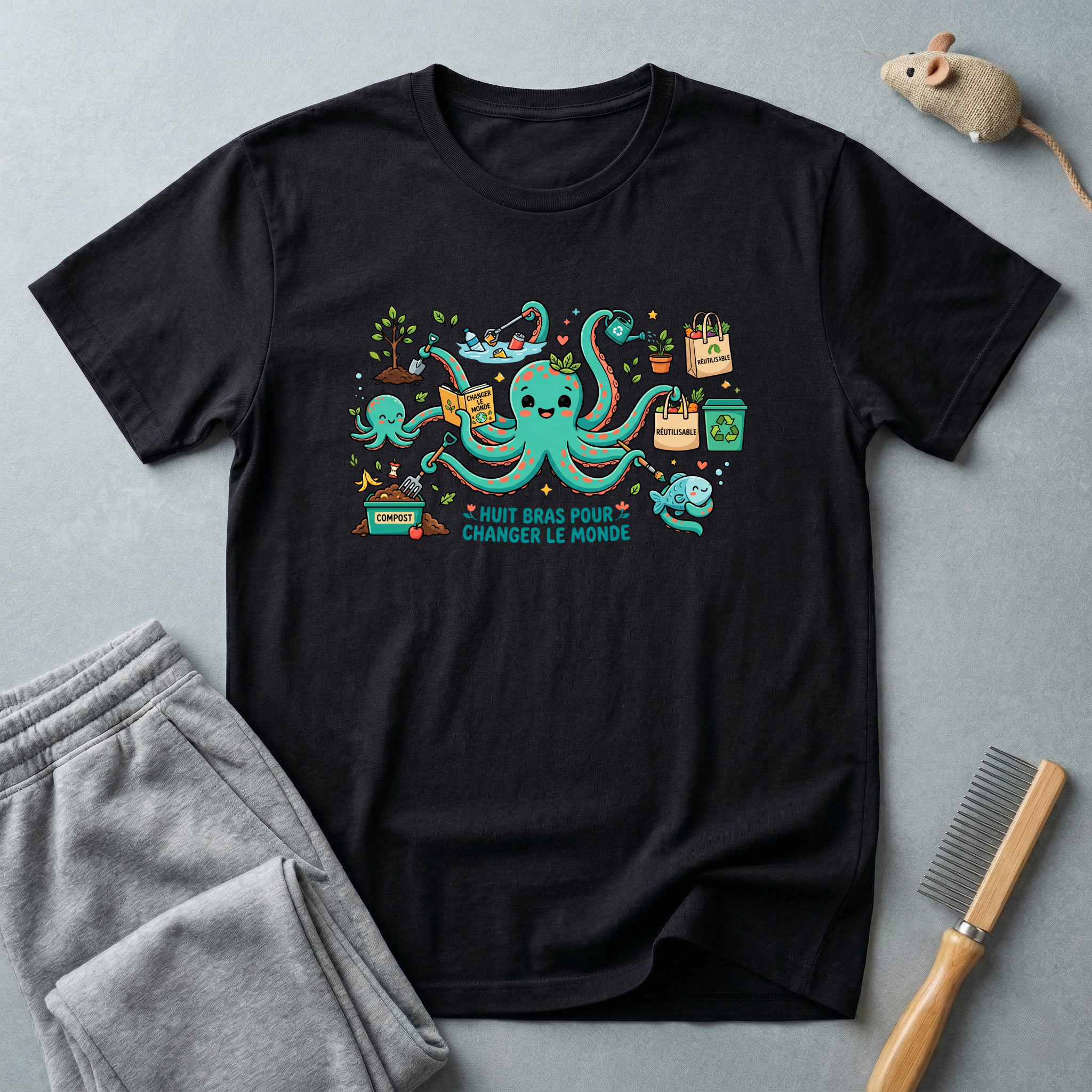 T-shirt graphique poulpe voyageur — «Je veux juste changer le monde»