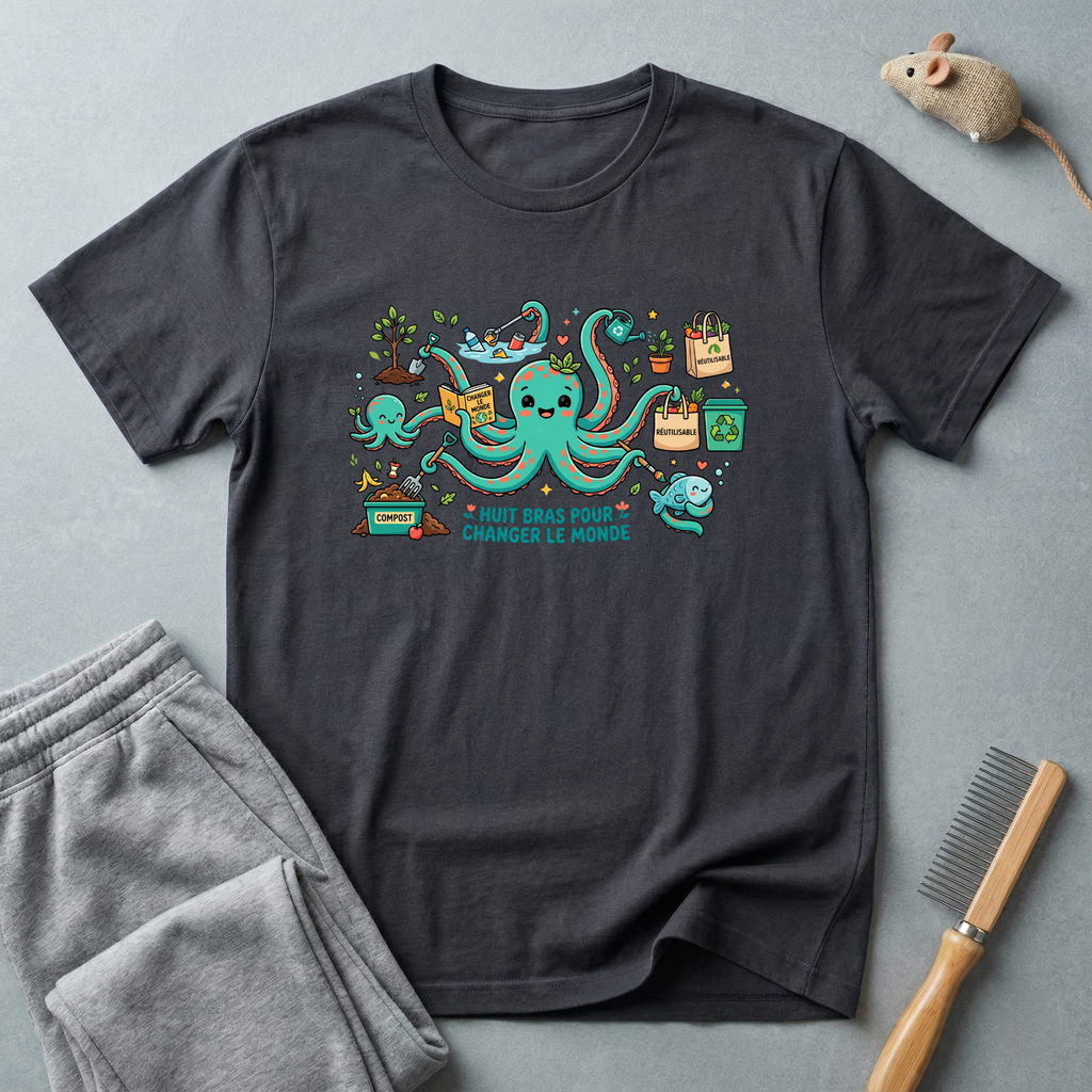T-shirt graphique poulpe voyageur — «Je veux juste changer le monde»