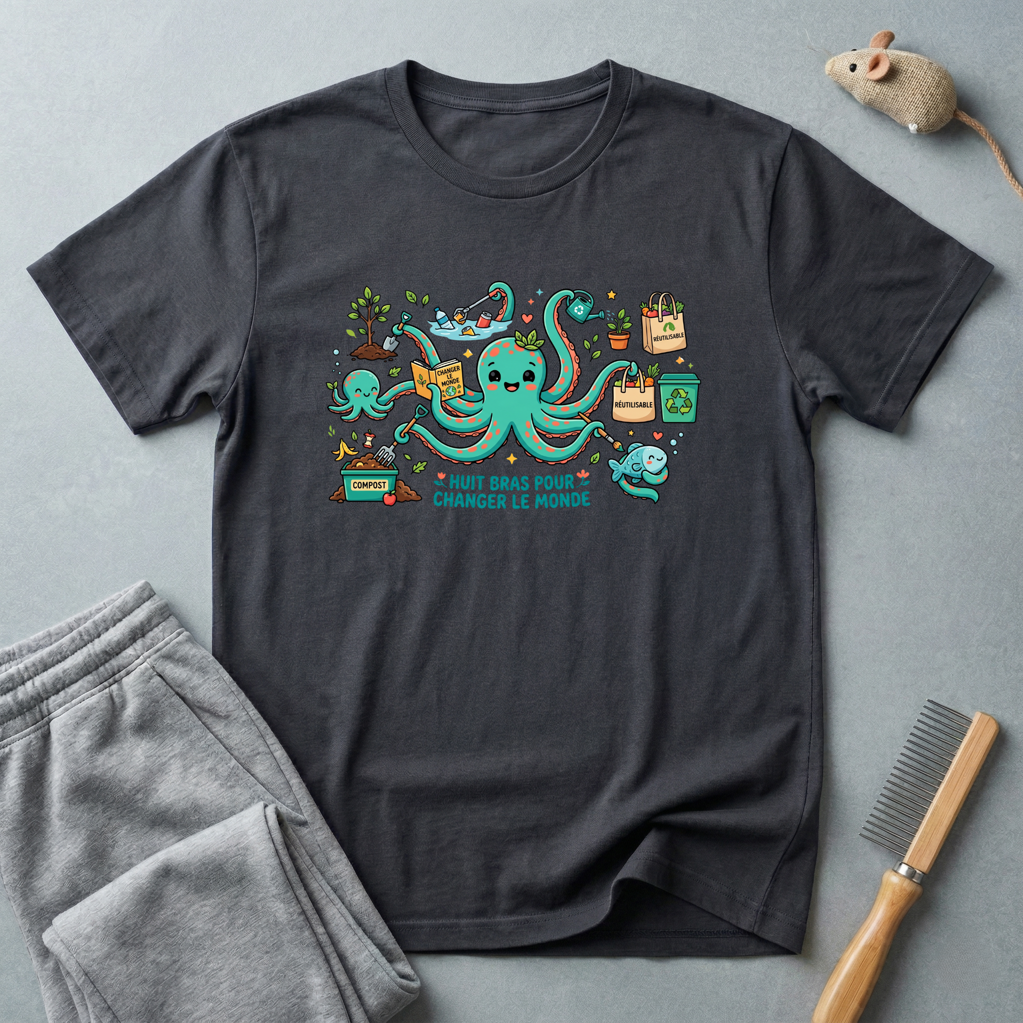 T-shirt graphique poulpe voyageur — «Je veux juste changer le monde»
