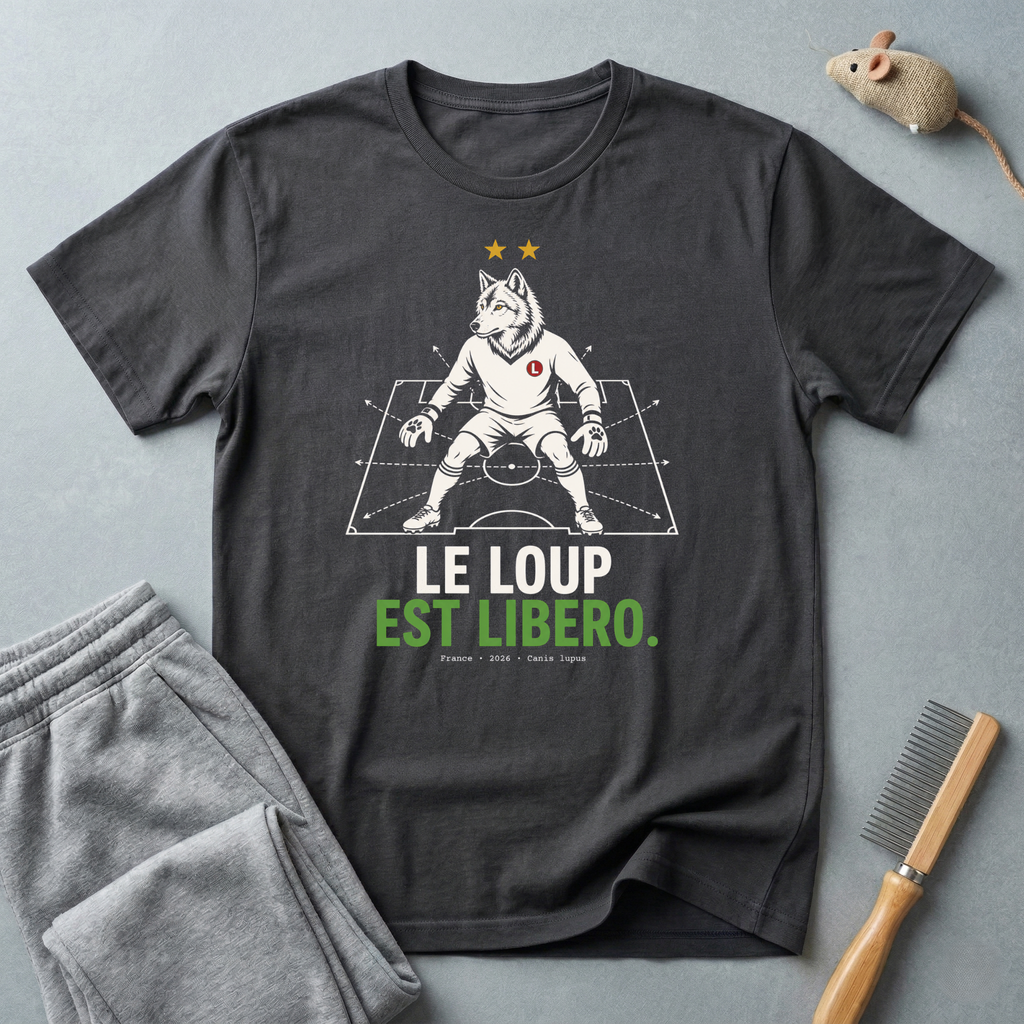 T-shirt graphique de loup de football — "Le Loup Est Libero"