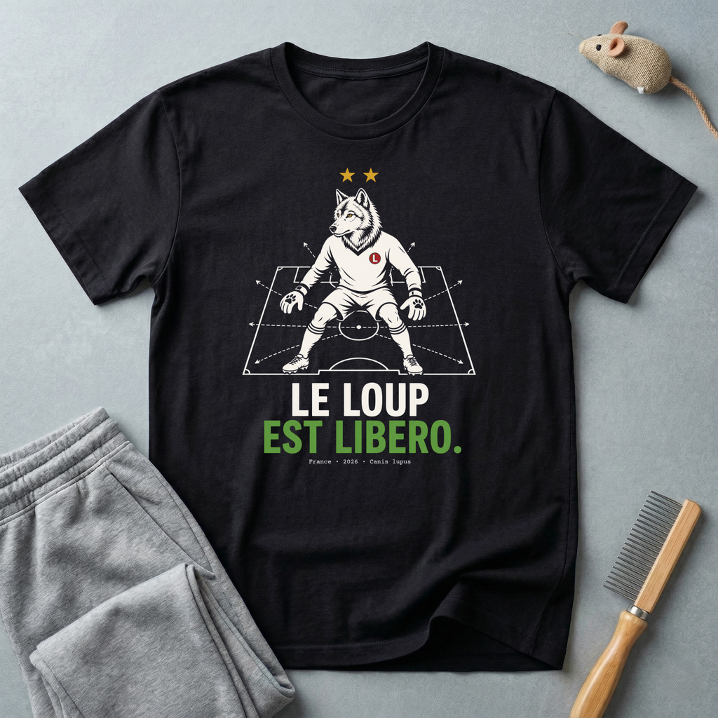 T-shirt graphique de loup de football — "Le Loup Est Libero"