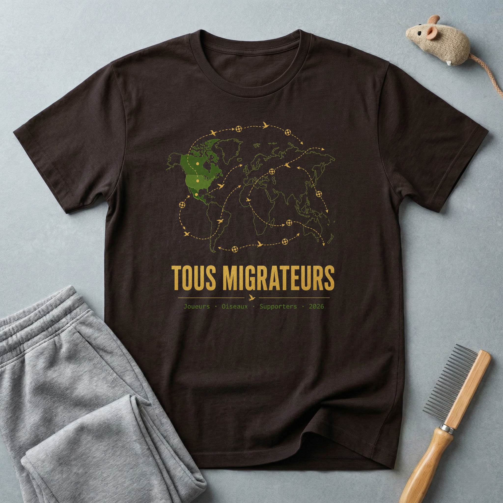 T-shirt «Tous migrateurs» — t-shirt graphique carte du monde et oiseaux migrateurs