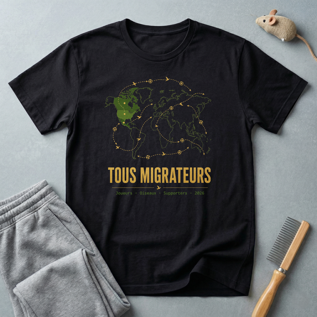 T-shirt «Tous migrateurs» — t-shirt graphique carte du monde et oiseaux migrateurs