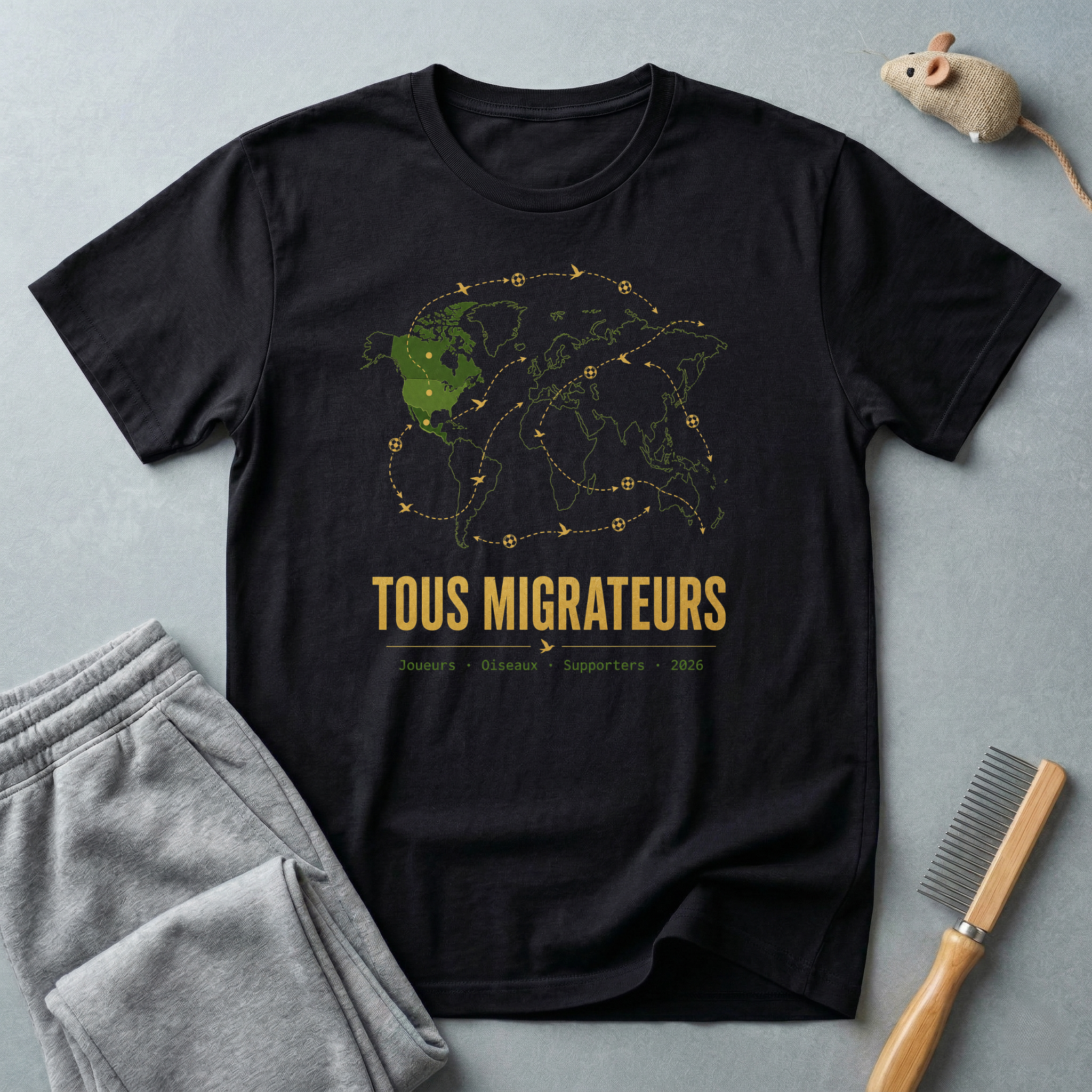 T-shirt «Tous migrateurs» — t-shirt graphique carte du monde et oiseaux migrateurs