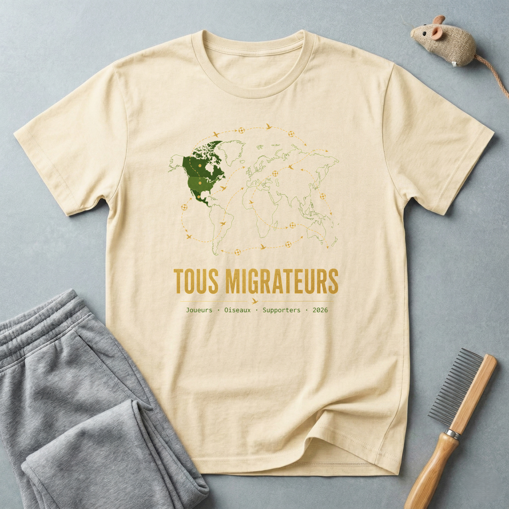 T-shirt «Tous migrateurs» — t-shirt graphique carte du monde et oiseaux migrateurs