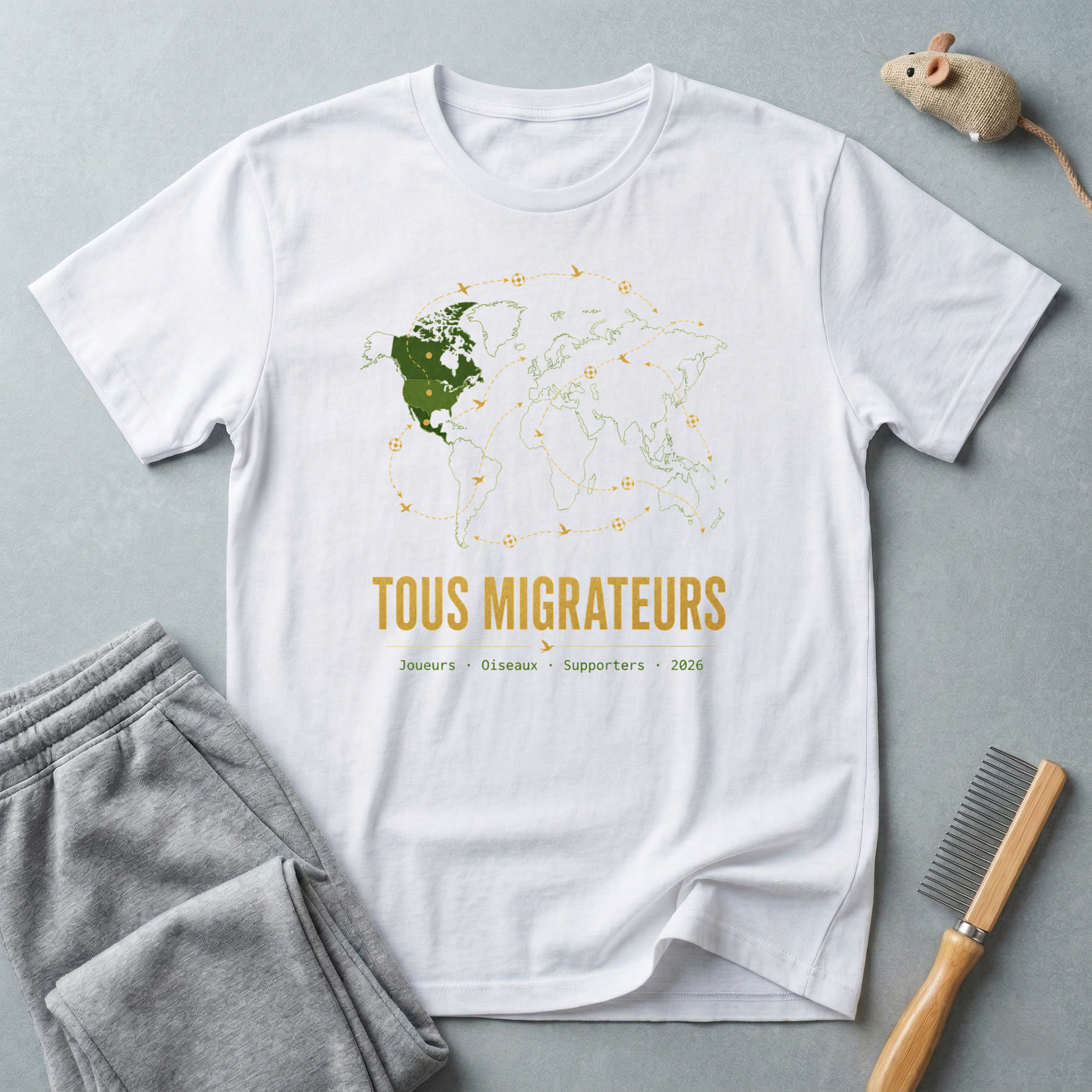T-shirt «Tous migrateurs» — t-shirt graphique carte du monde et oiseaux migrateurs